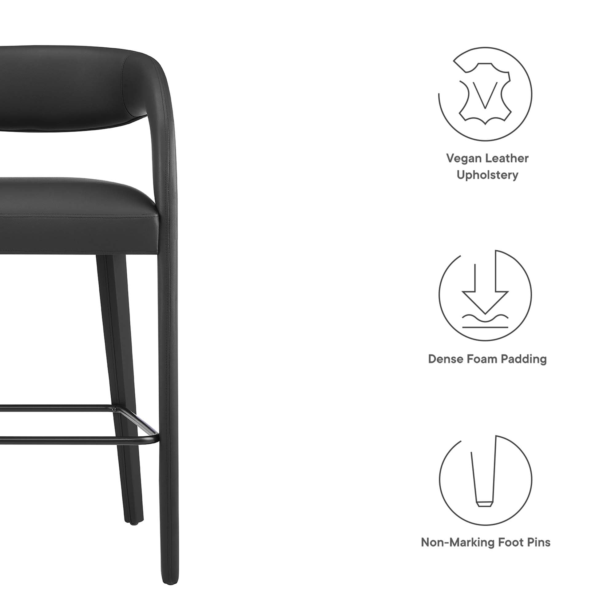 Pinnacle Vegan Leather Bar Stool Set of 2, Black Black