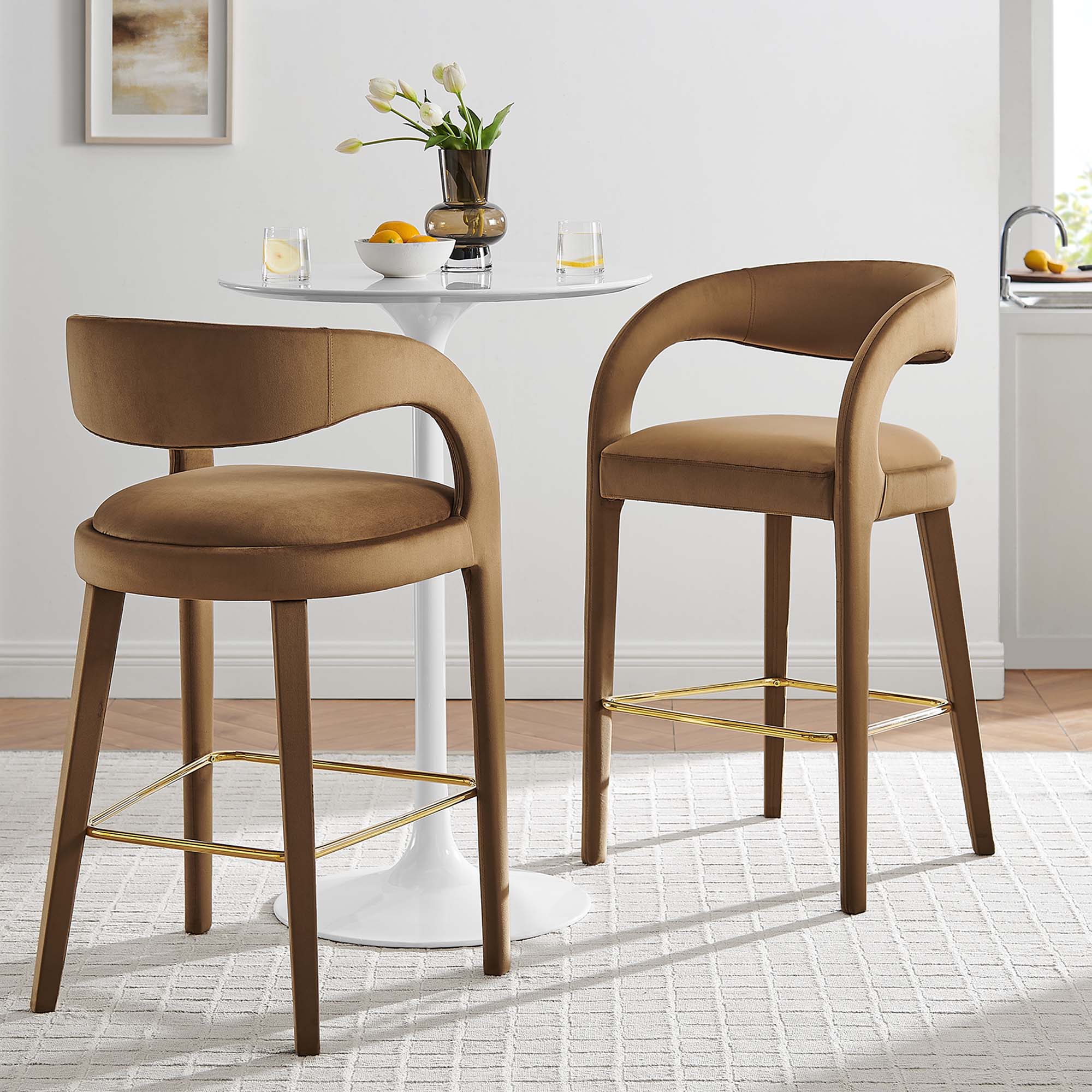 Pinnacle Performance Velvet Bar Stool Set of 2, Brown Gold
