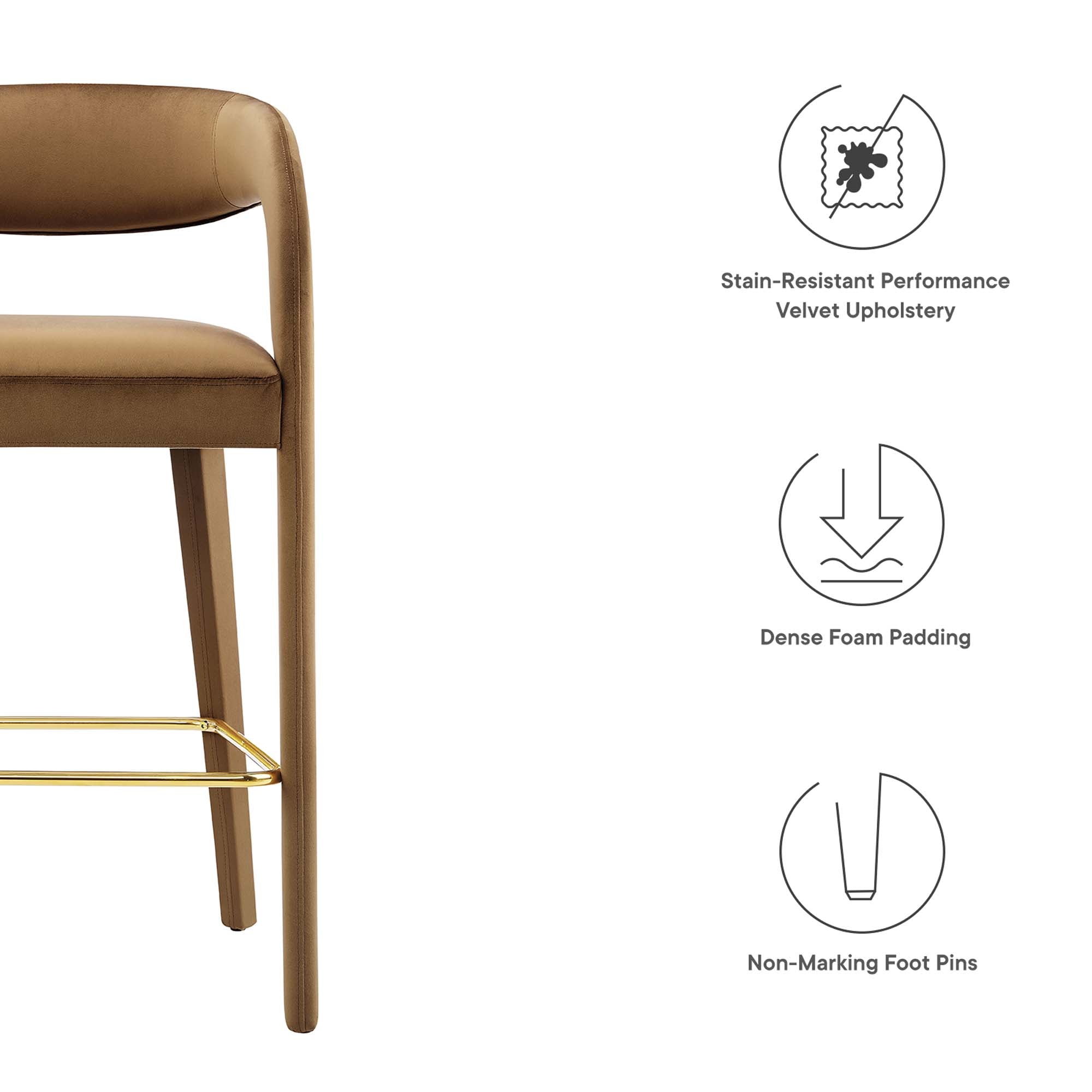 Pinnacle Performance Velvet Bar Stool Set of 2, Brown Gold