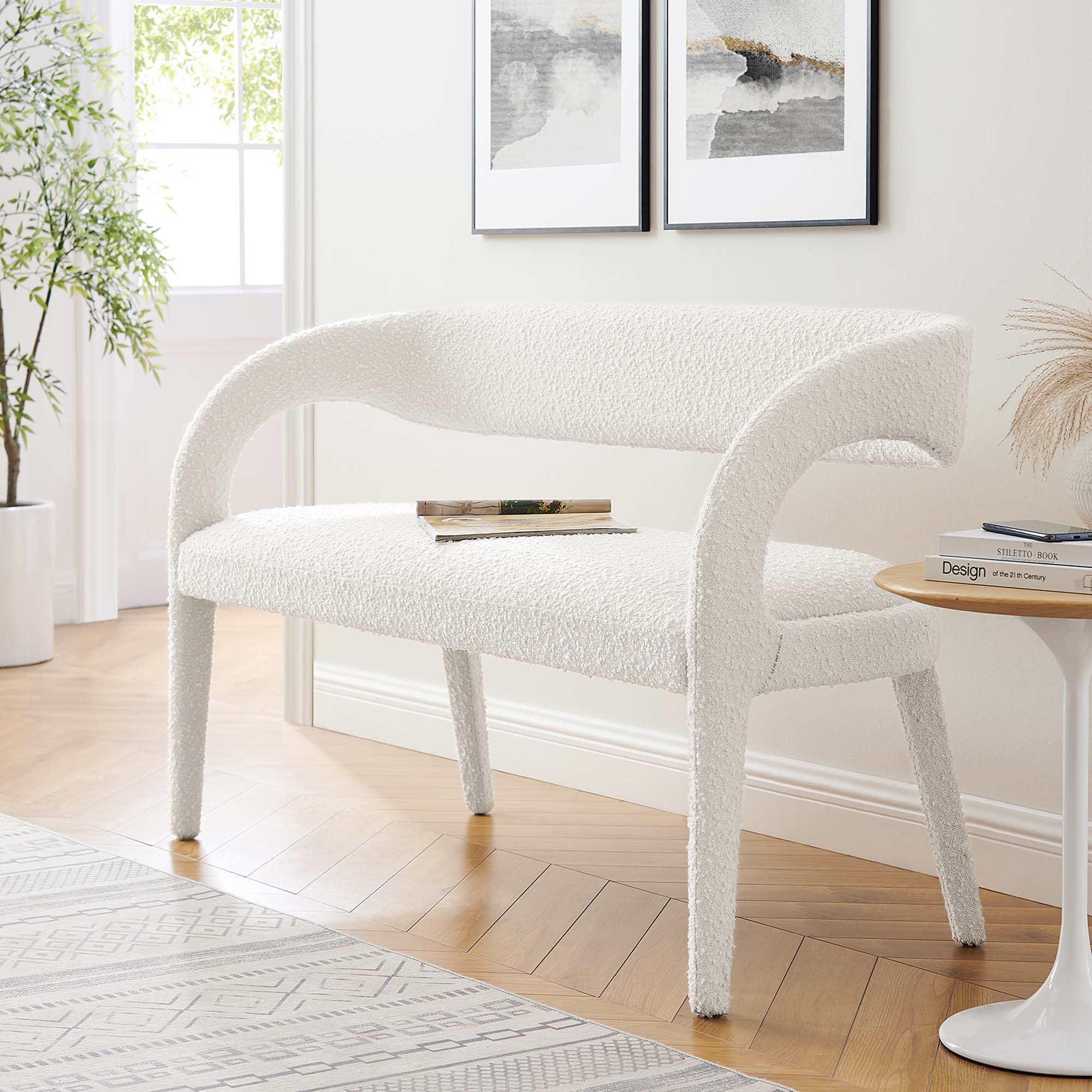 Pinnacle Boucle Fabric Accent Bench, Ivory