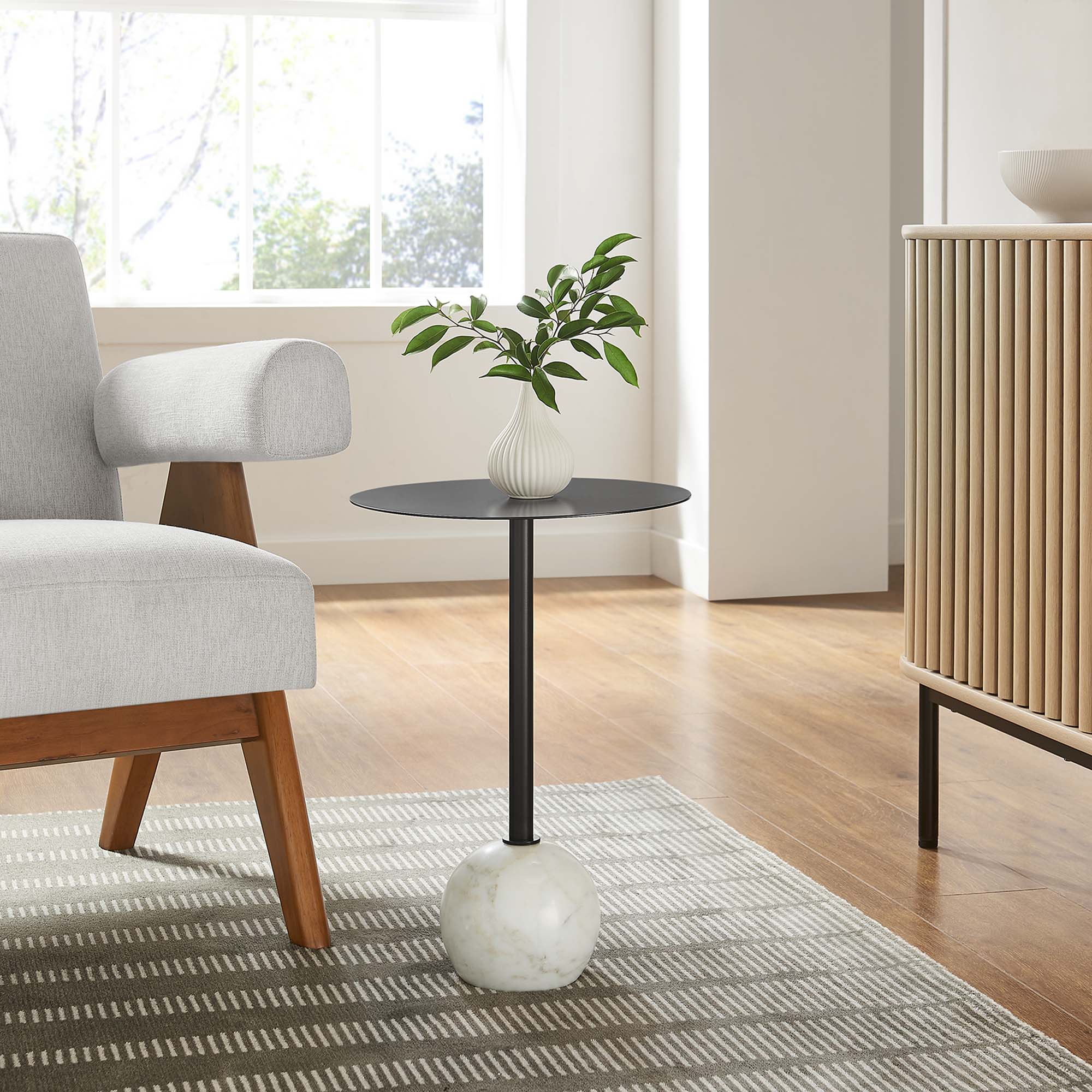 Aliza Round White Marble Side Table, White Black