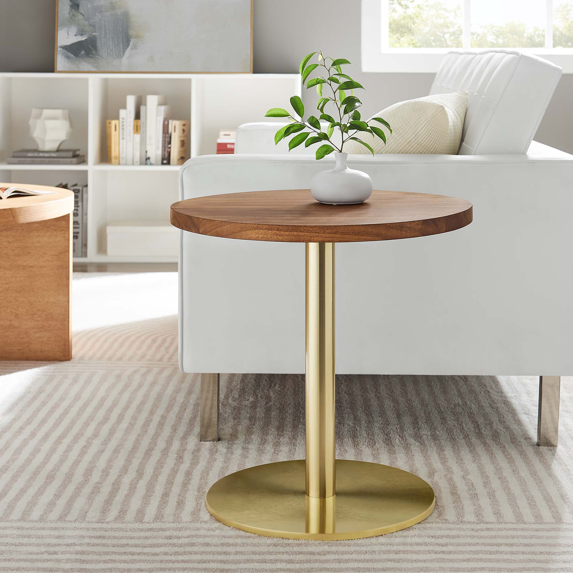 Viva Round Acacia Wood Side Table, Brass Light Oak