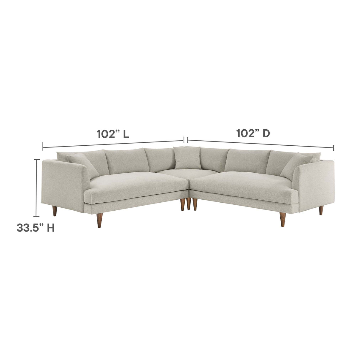 Zoya 3 Piece Down Filled Overstuffed Sectional Sofa, Heathered Weave Ivory