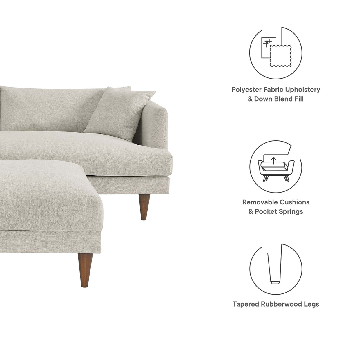 Zoya Down Filled Overstuffed Sofa and Ottoman Set, Heathered Weave Ivory