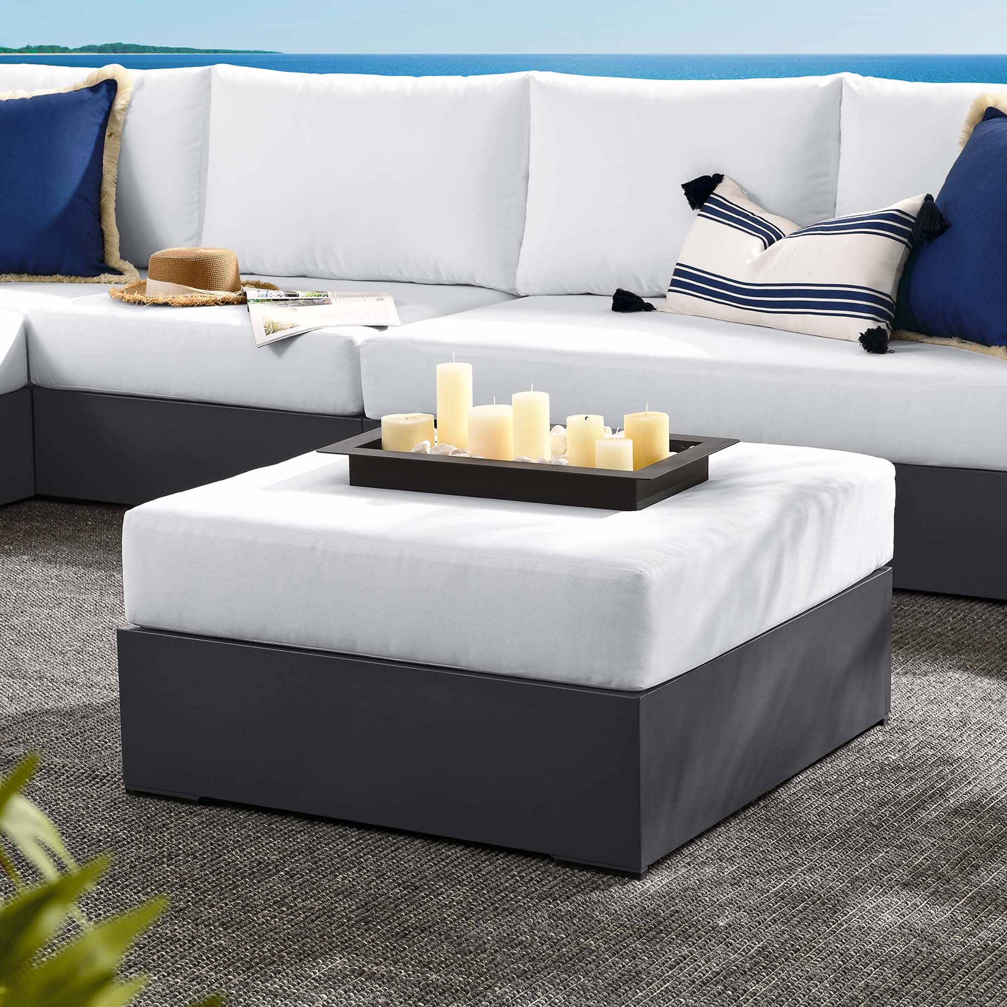 Tahoe Outdoor Patio Powder-Coated Aluminum Ottoman, Gray White