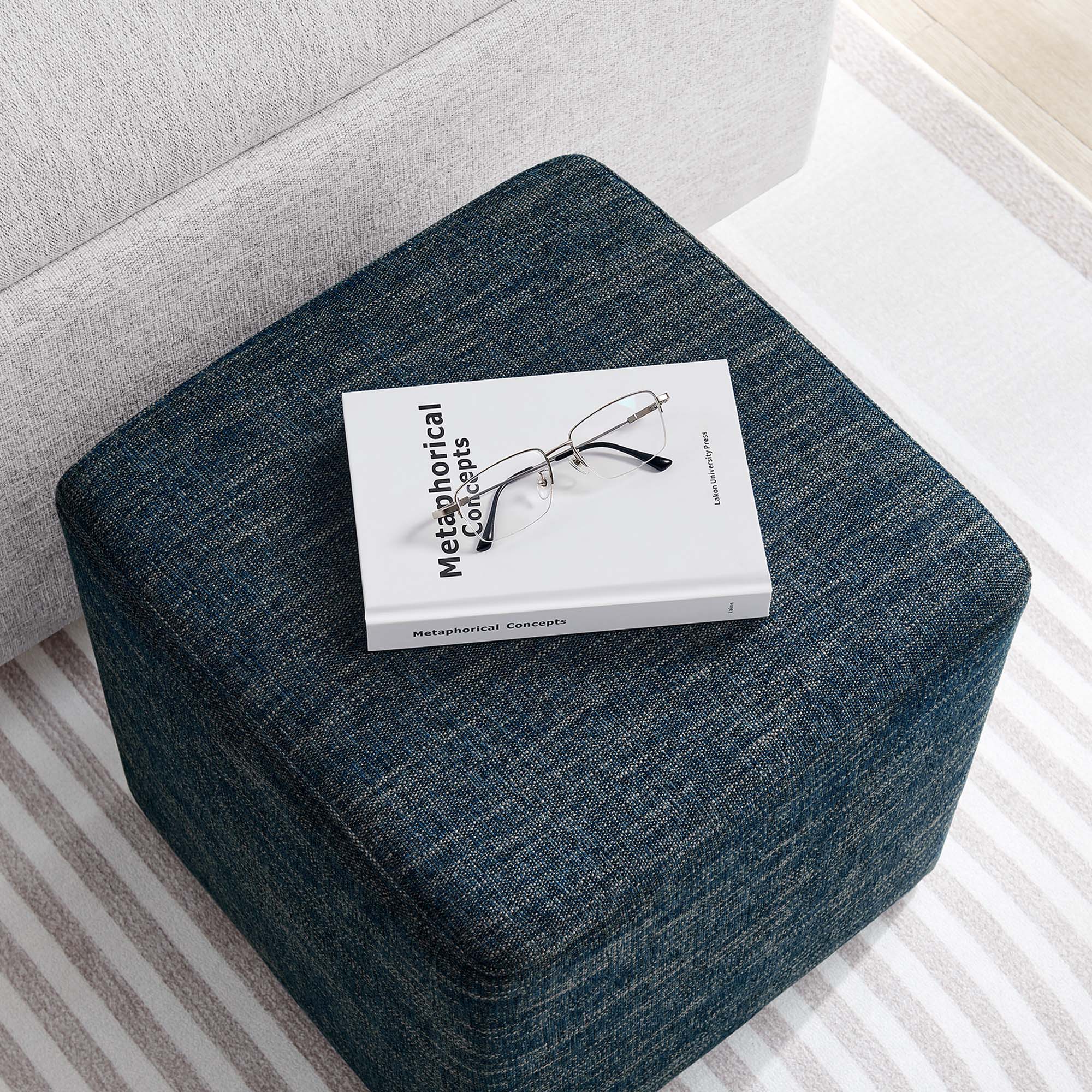 Callum 17" Square Woven Heathered Fabric Upholstered Ottoman, Heathered Weave Azure