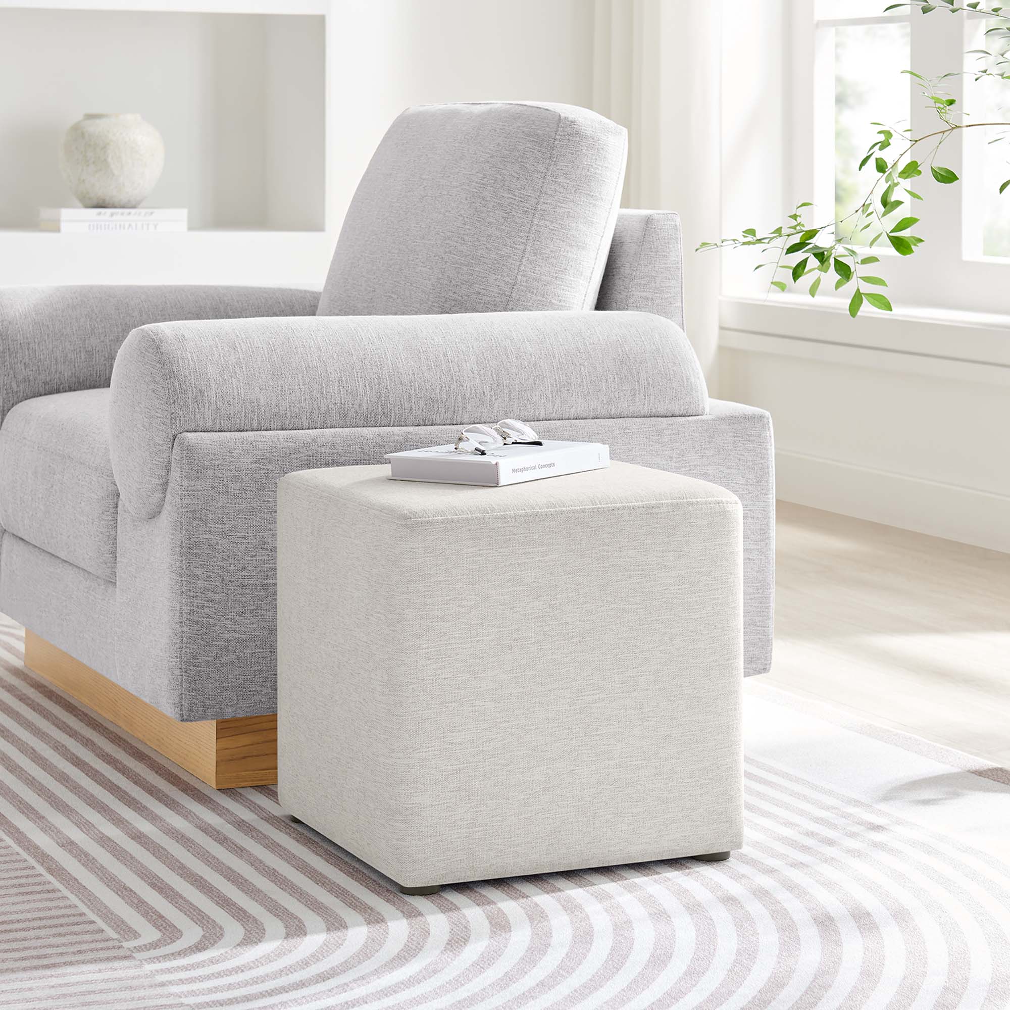 Callum 17" Square Woven Heathered Fabric Upholstered Ottoman, Heathered Weave Ivory