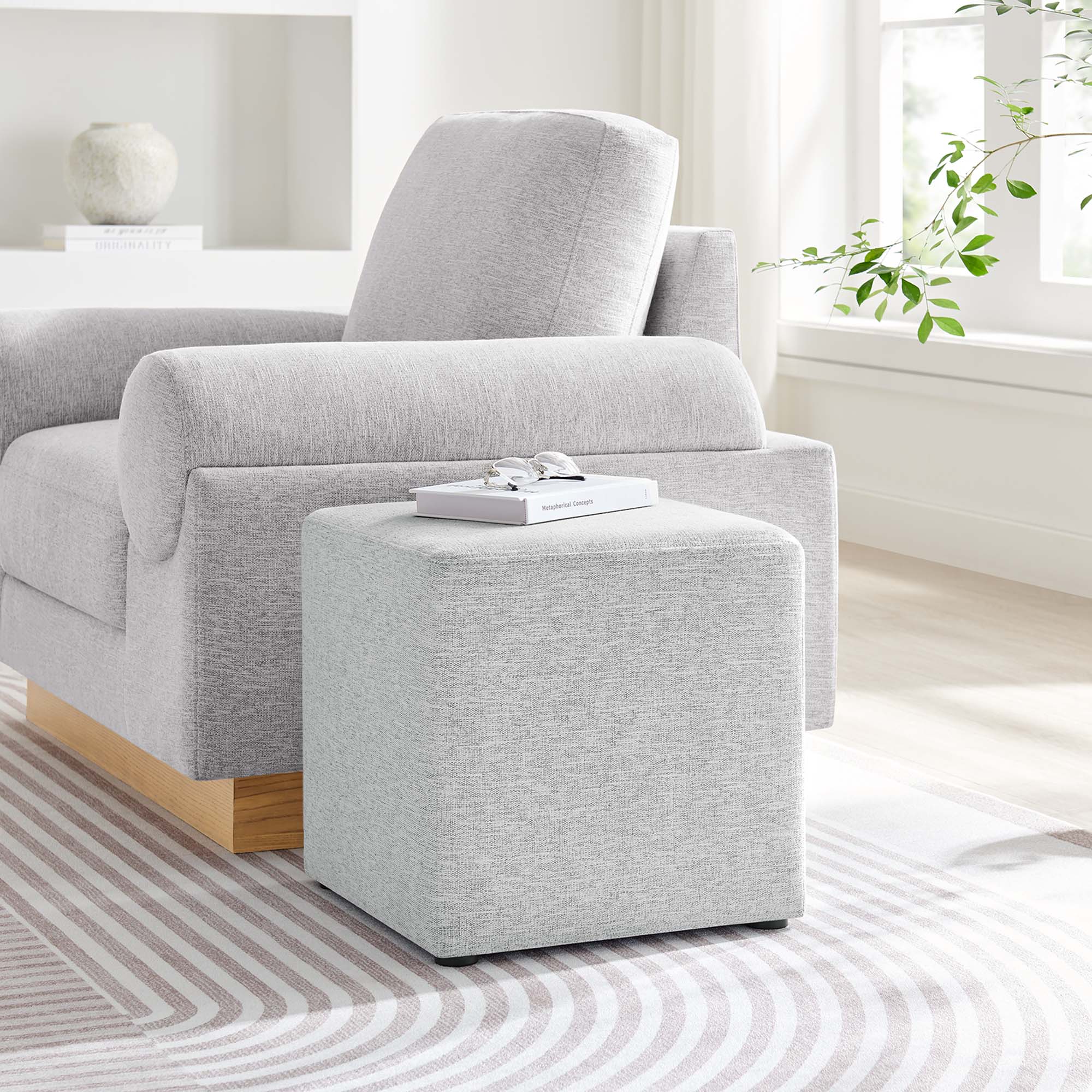 Callum 17" Square Woven Heathered Fabric Upholstered Ottoman, Heathered Weave Light Gray