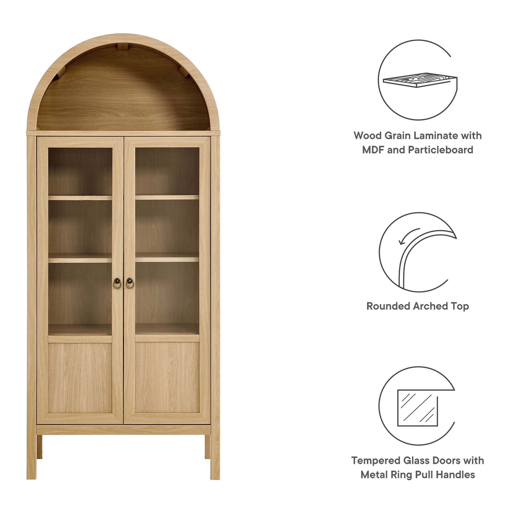 Tessa Tall Arched Storage Display Cabinet, Oak
