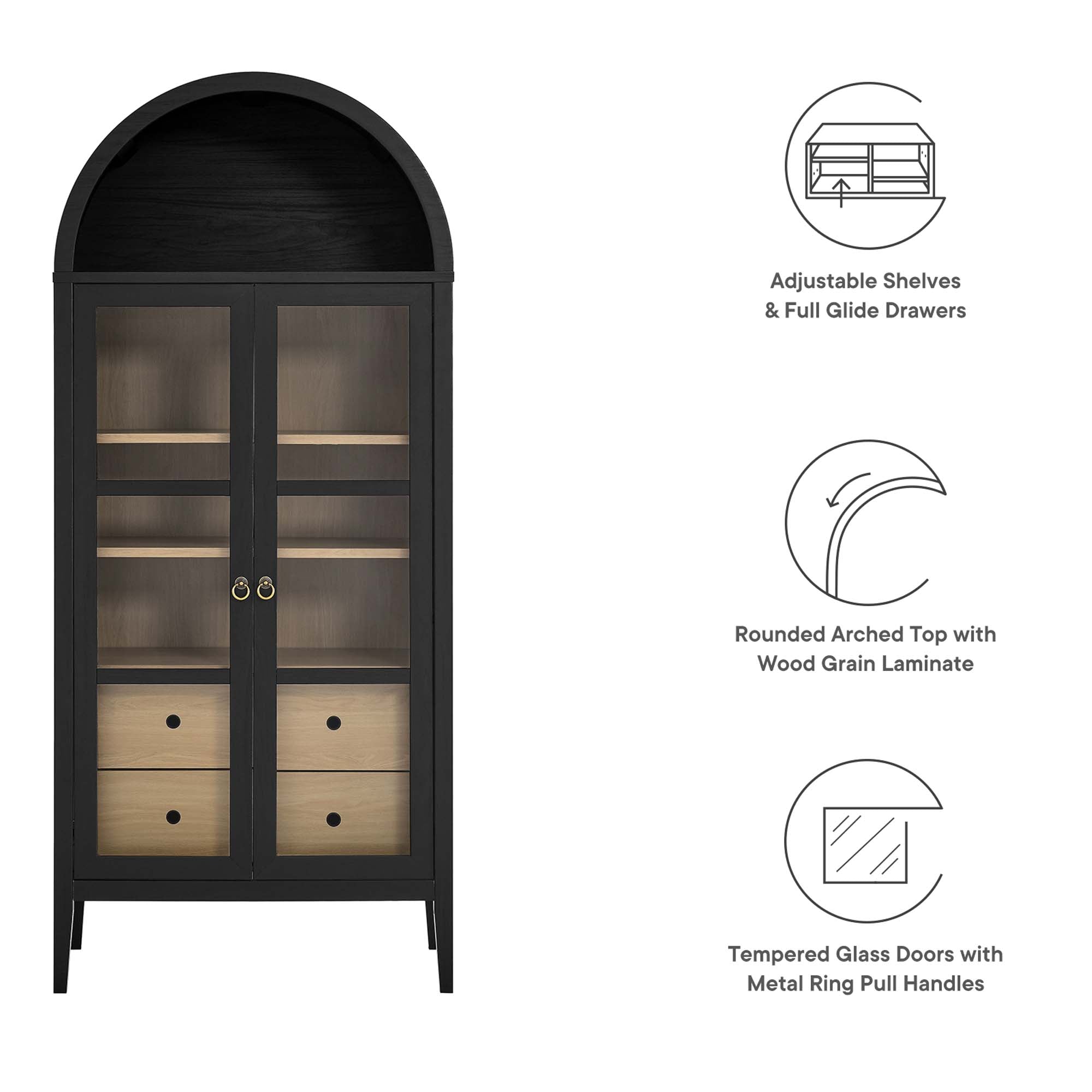 Nolan Tall Arched Storage Display Cabinet, Black Oak