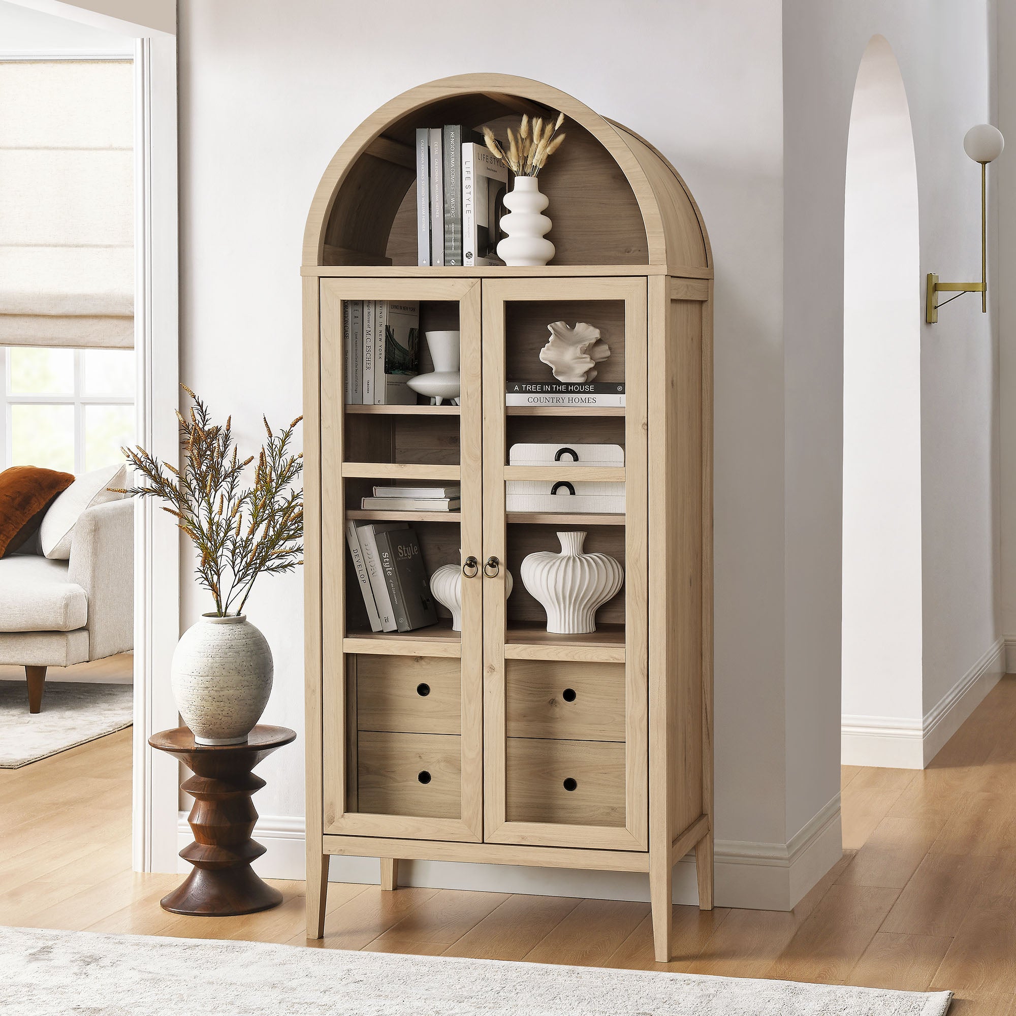 Nolan Tall Arched Storage Display Cabinet, Light Oak