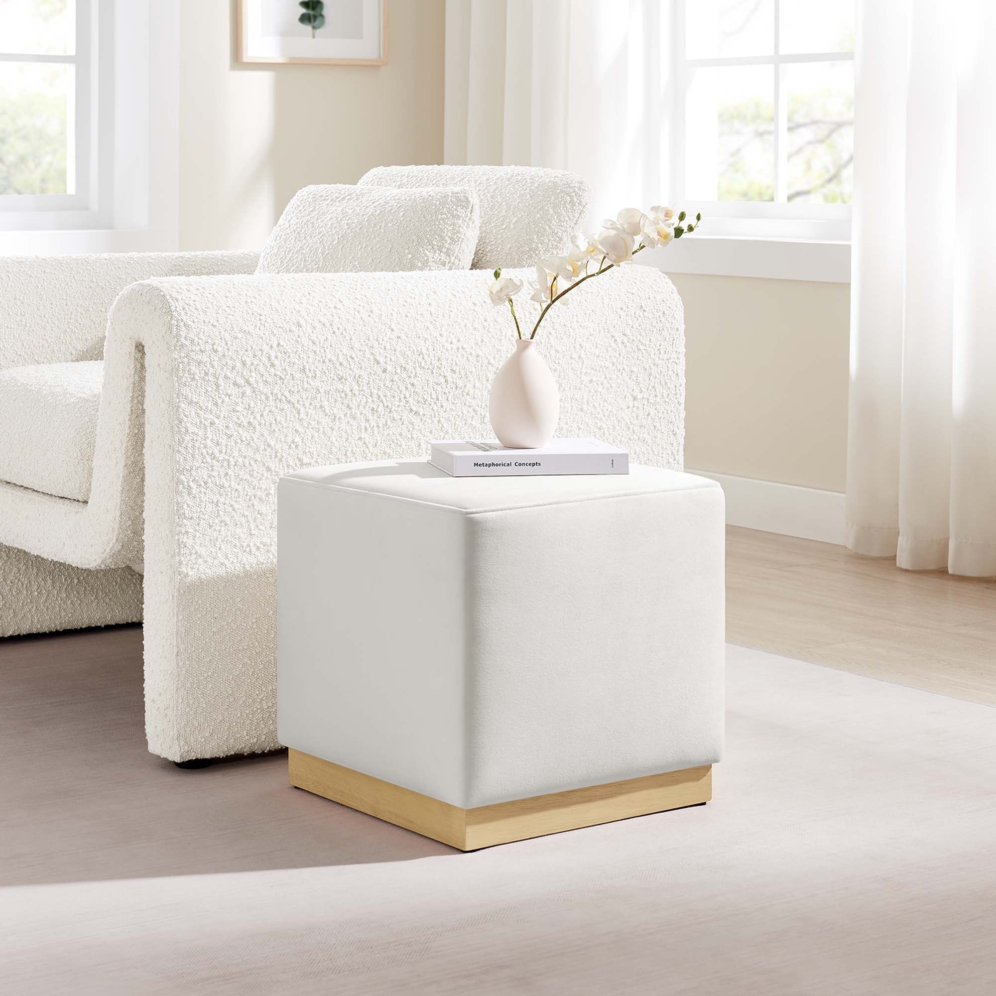 Tilden 17" Square Performance Velvet Upholstered Ottoman, Alabaster Natural