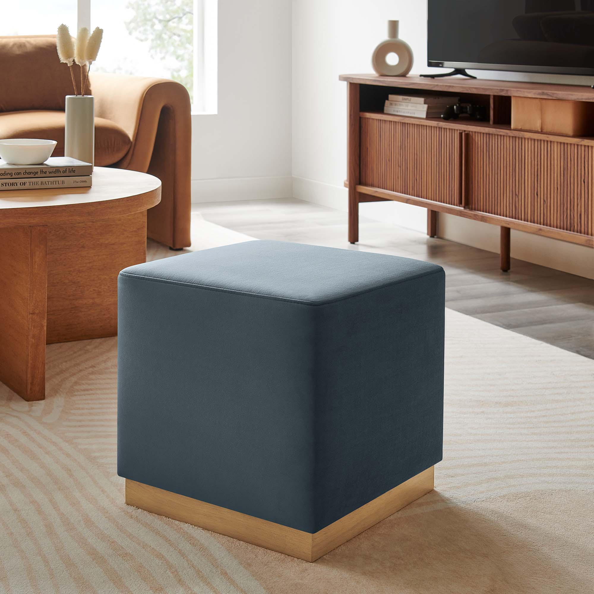 Tilden 17" Square Performance Velvet Upholstered Ottoman, Cadet Blue Natural