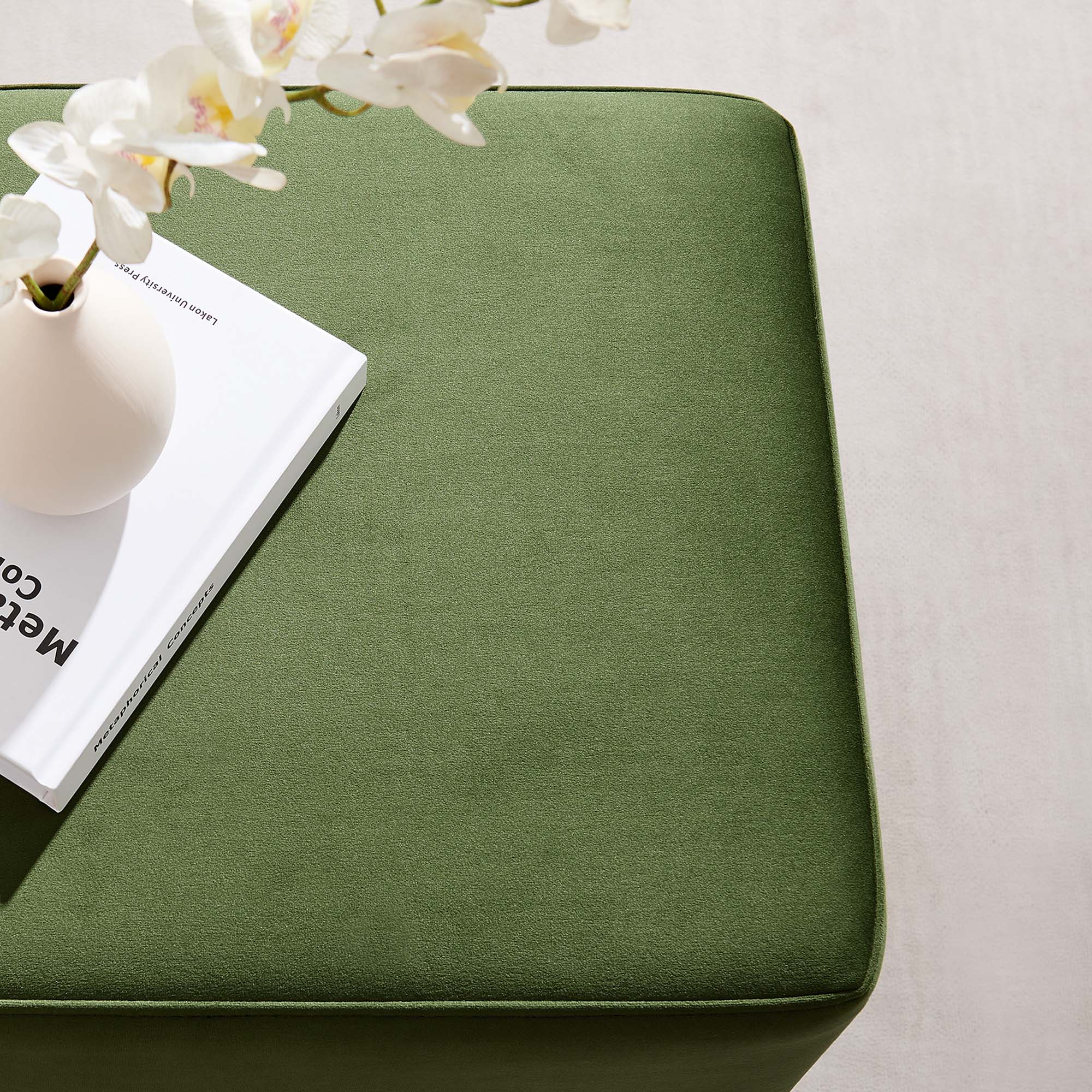 Tilden 17" Square Performance Velvet Upholstered Ottoman, Moss Green Natural
