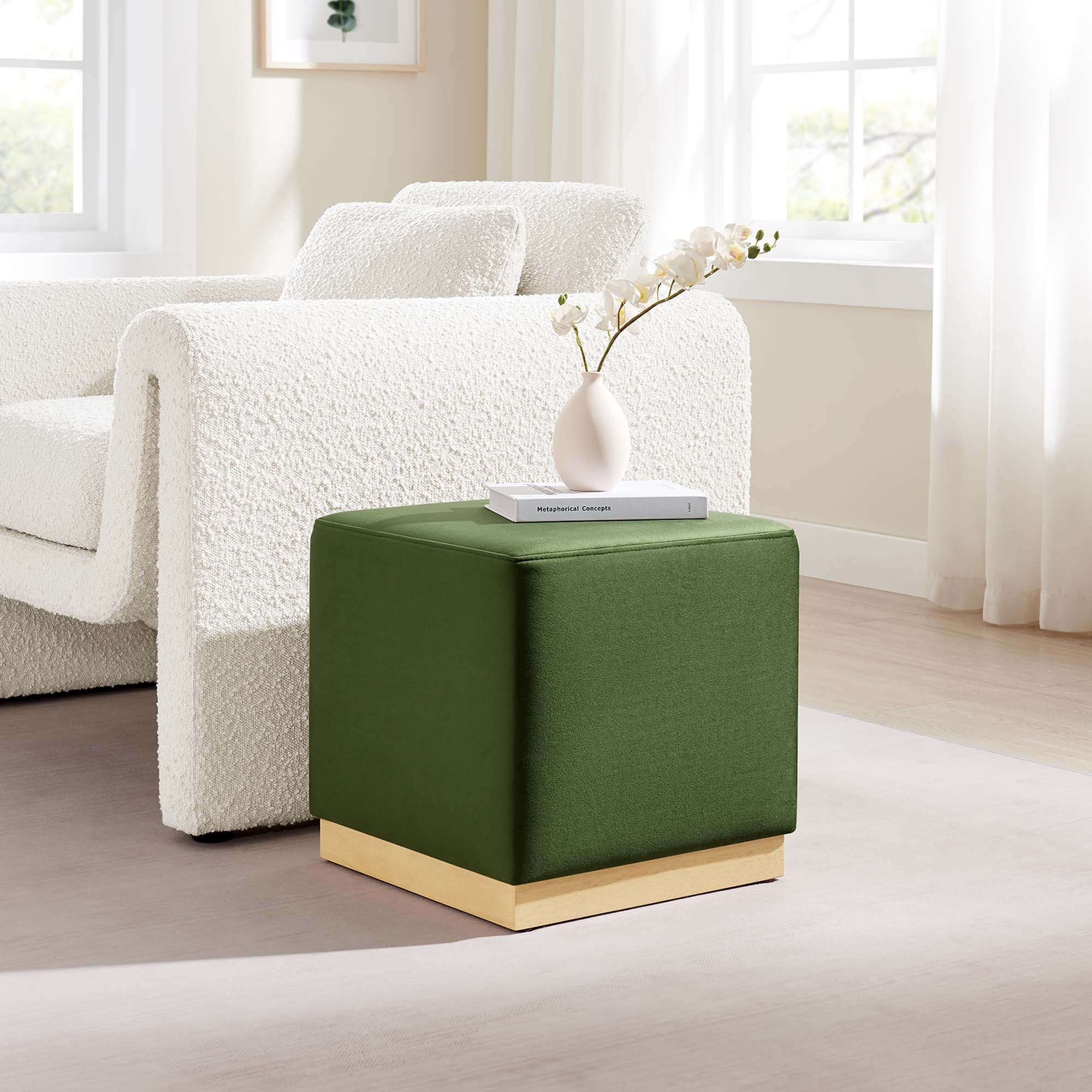 Tilden 17" Square Performance Velvet Upholstered Ottoman, Moss Green Natural