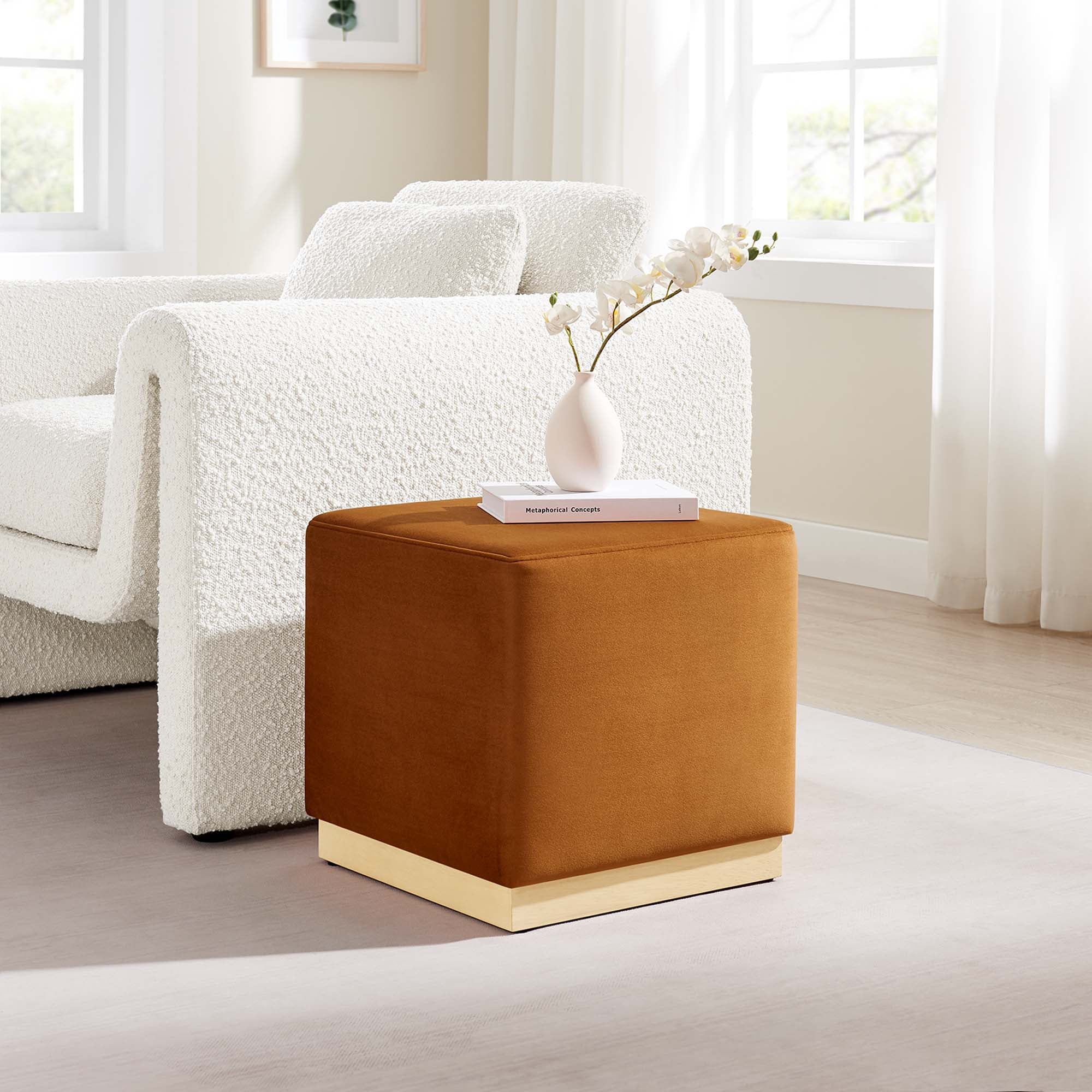 Tilden 17" Square Performance Velvet Upholstered Ottoman, Rust Natural