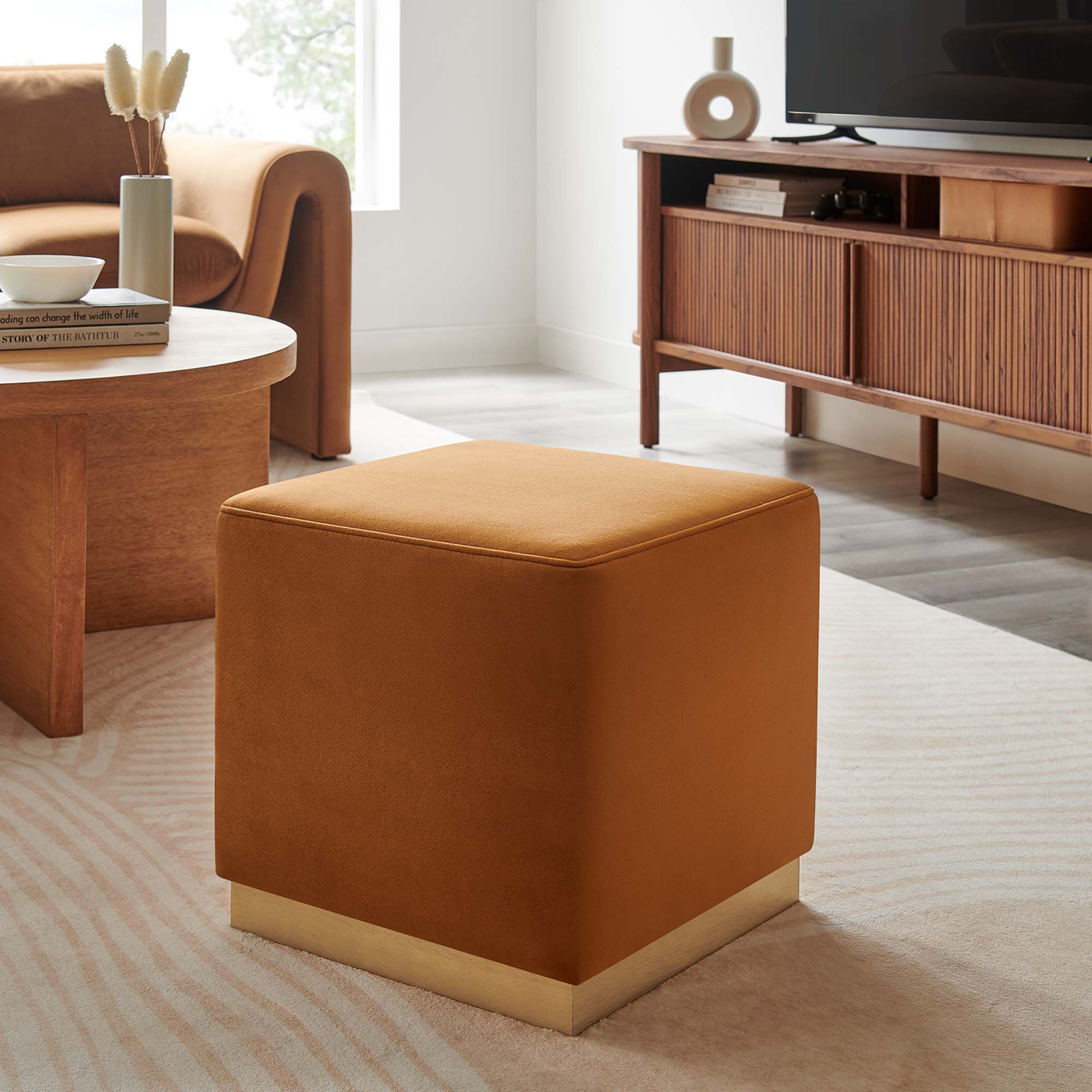 Tilden 17" Square Performance Velvet Upholstered Ottoman, Rust Natural