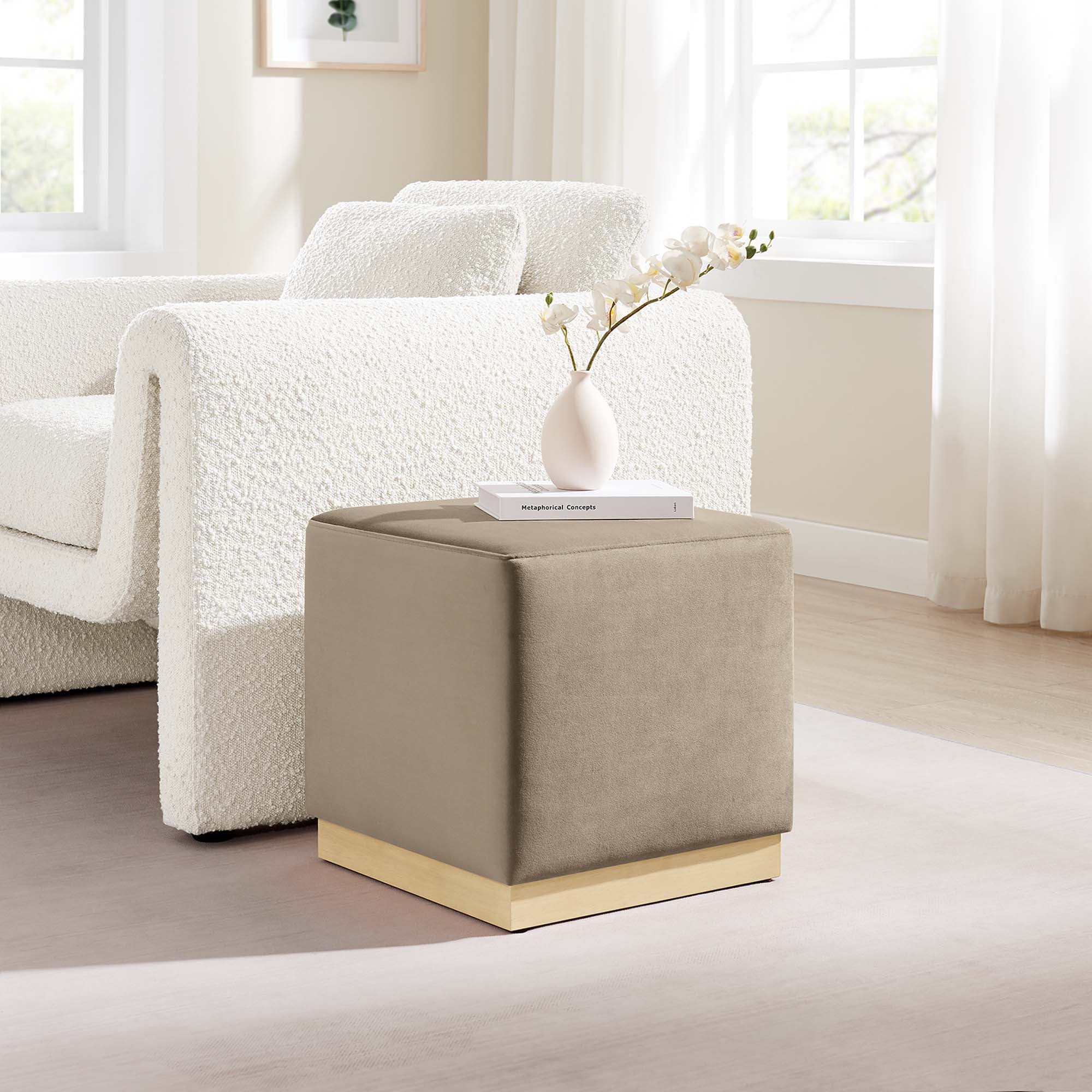 Tilden 17" Square Performance Velvet Upholstered Ottoman, Taupe Natural