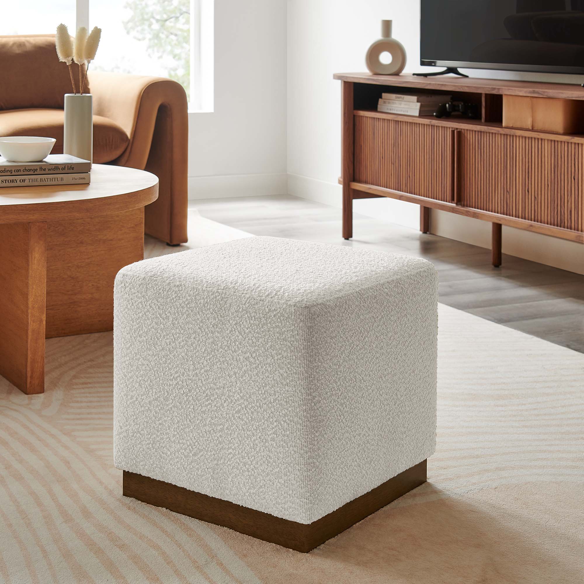 Tilden 17" Square Boucle Upholstered Ottoman, Cloud Walnut