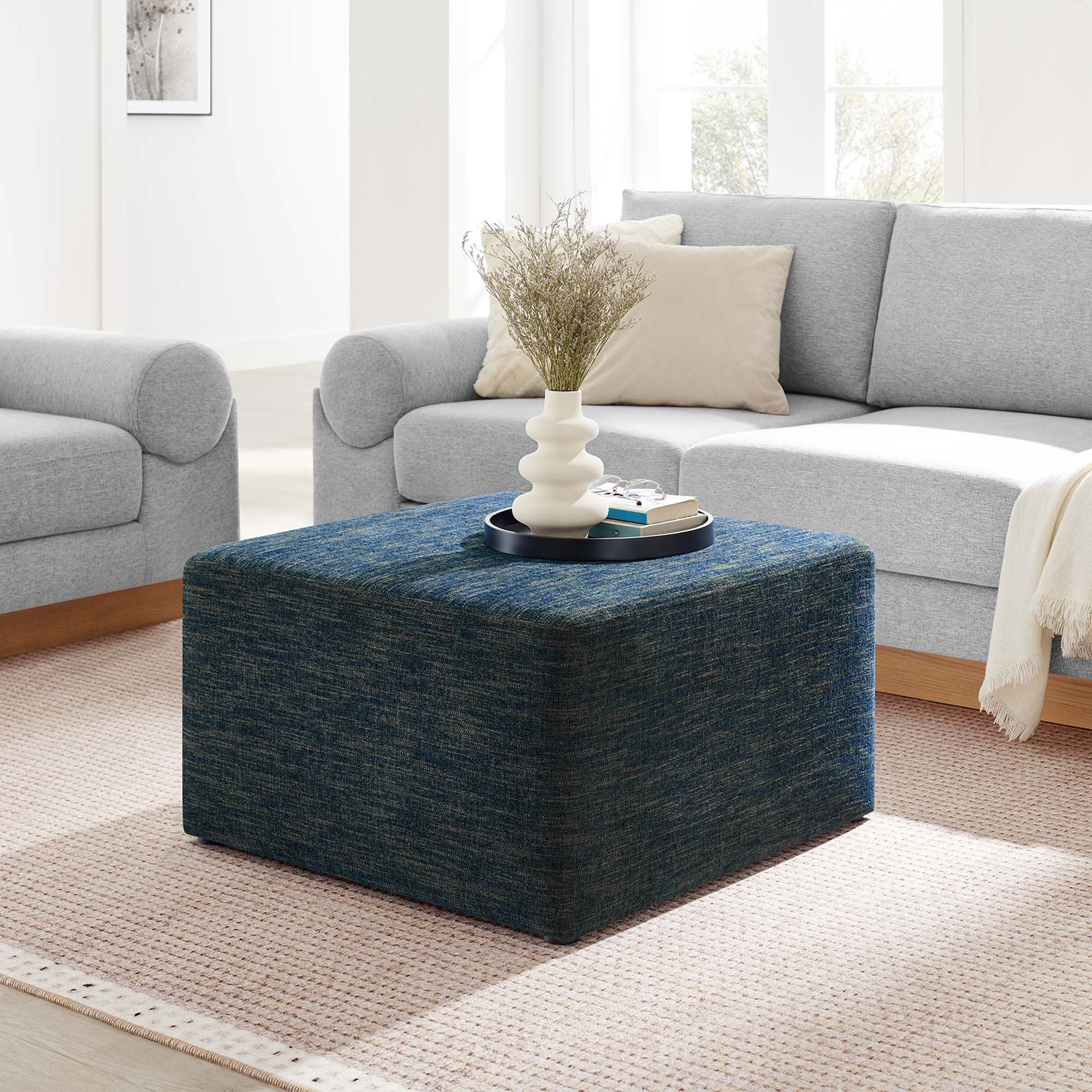 Callum Large 28" Square Woven Heathered Fabric Upholstered Ottoman, Heathered Weave Azure