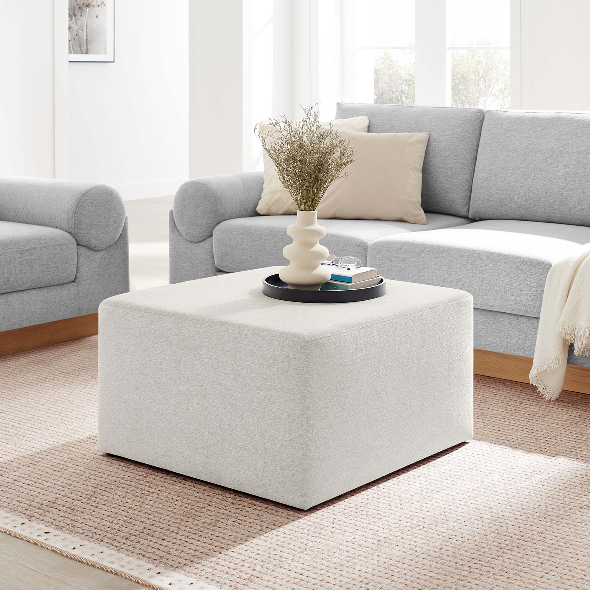 Callum Large 28" Square Woven Heathered Fabric Upholstered Ottoman, Heathered Weave Ivory