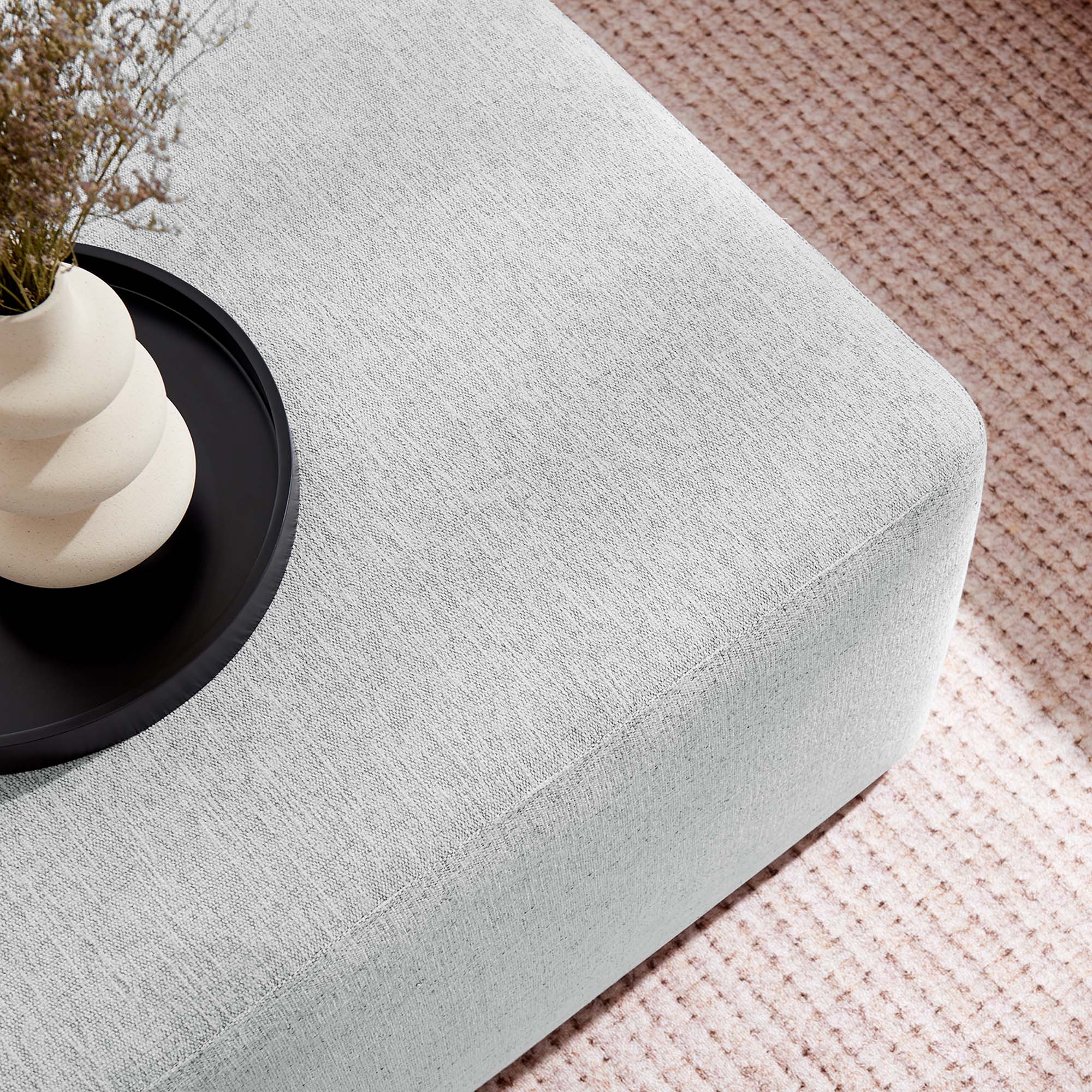 Callum Large 28" Square Woven Heathered Fabric Upholstered Ottoman, Heathered Weave Light Gray