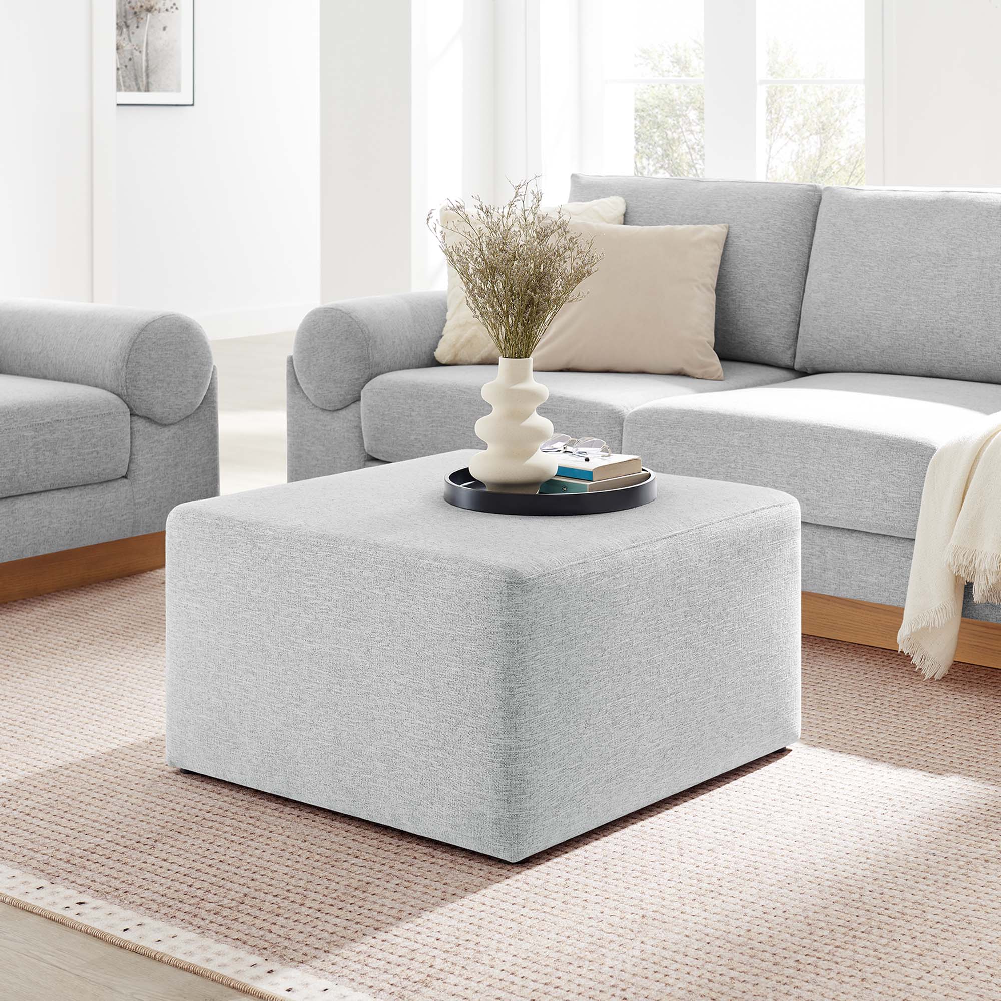 Callum Large 28" Square Woven Heathered Fabric Upholstered Ottoman, Heathered Weave Light Gray