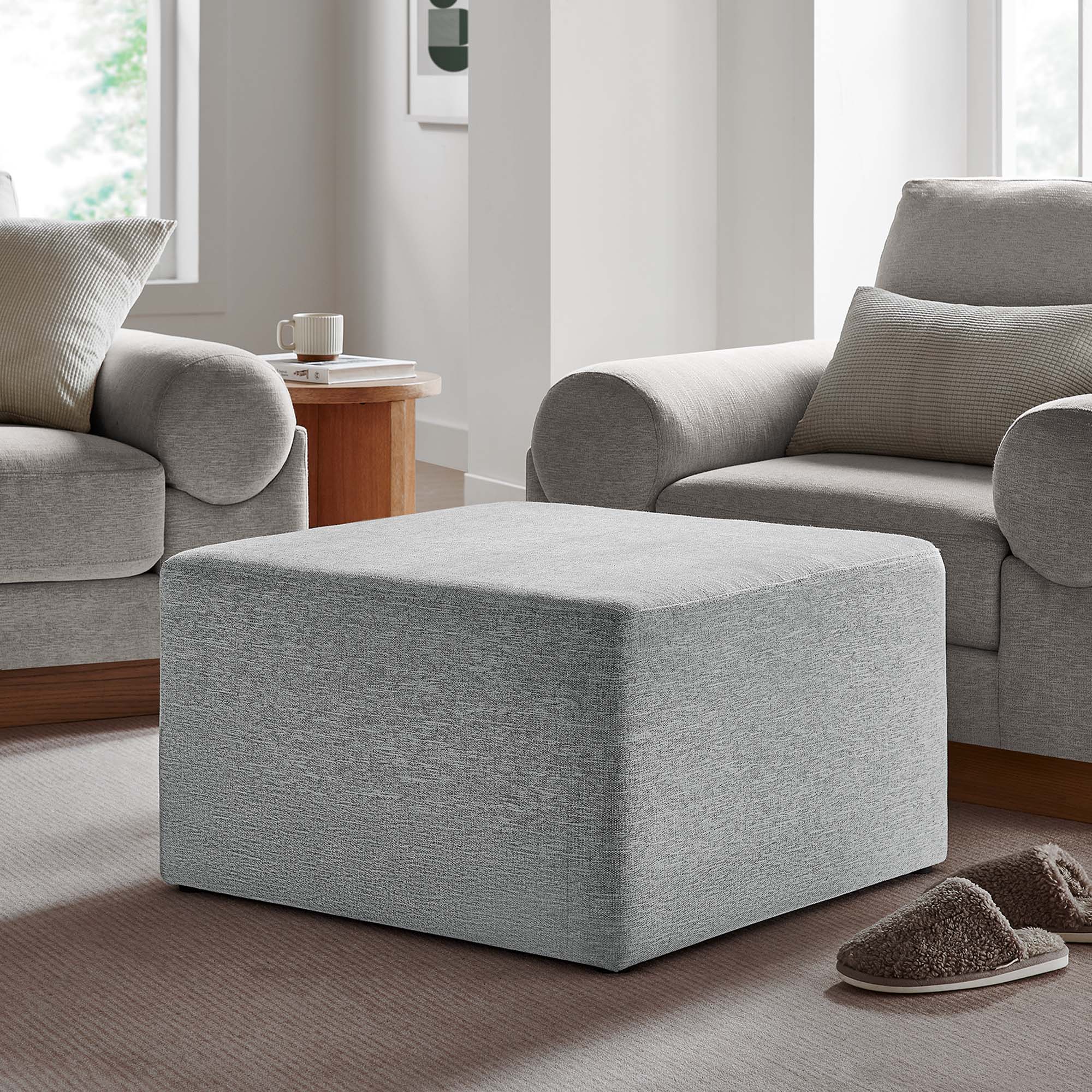 Callum Large 28" Square Woven Heathered Fabric Upholstered Ottoman, Heathered Weave Light Gray