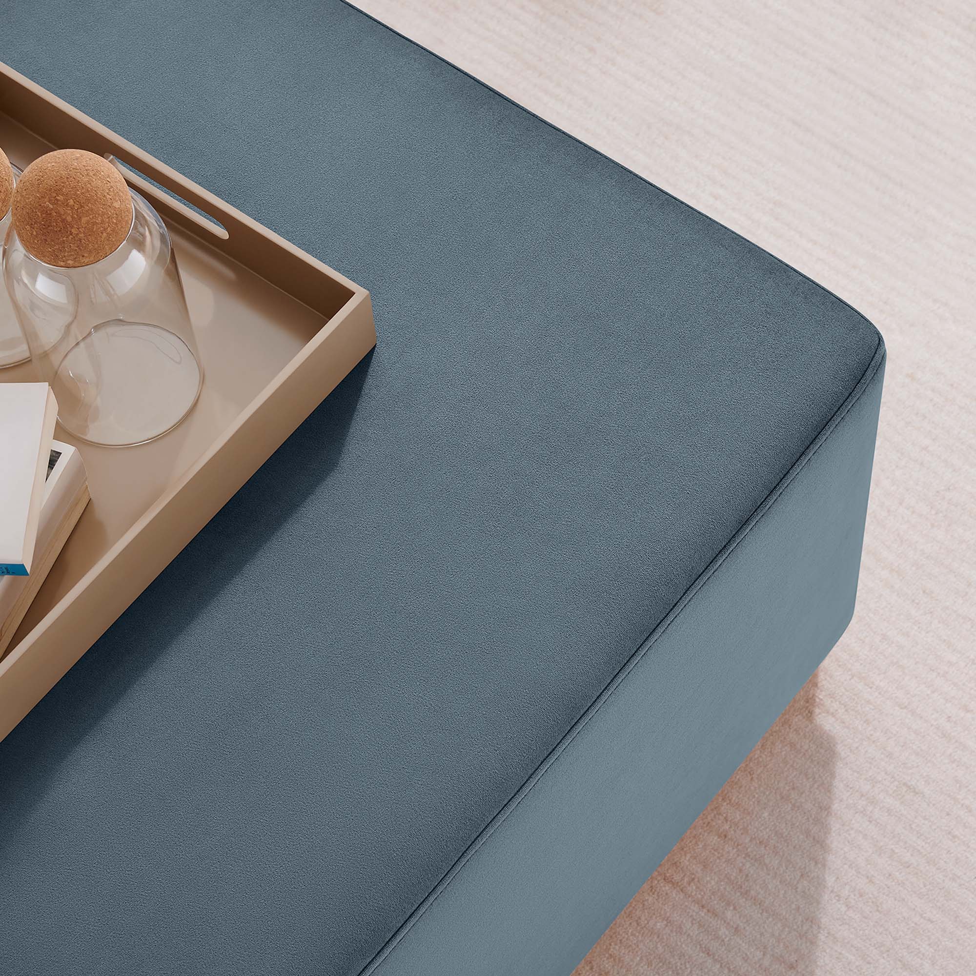 Tilden Large 28" Square Performance Velvet Upholstered Ottoman, Cadet Blue Natural