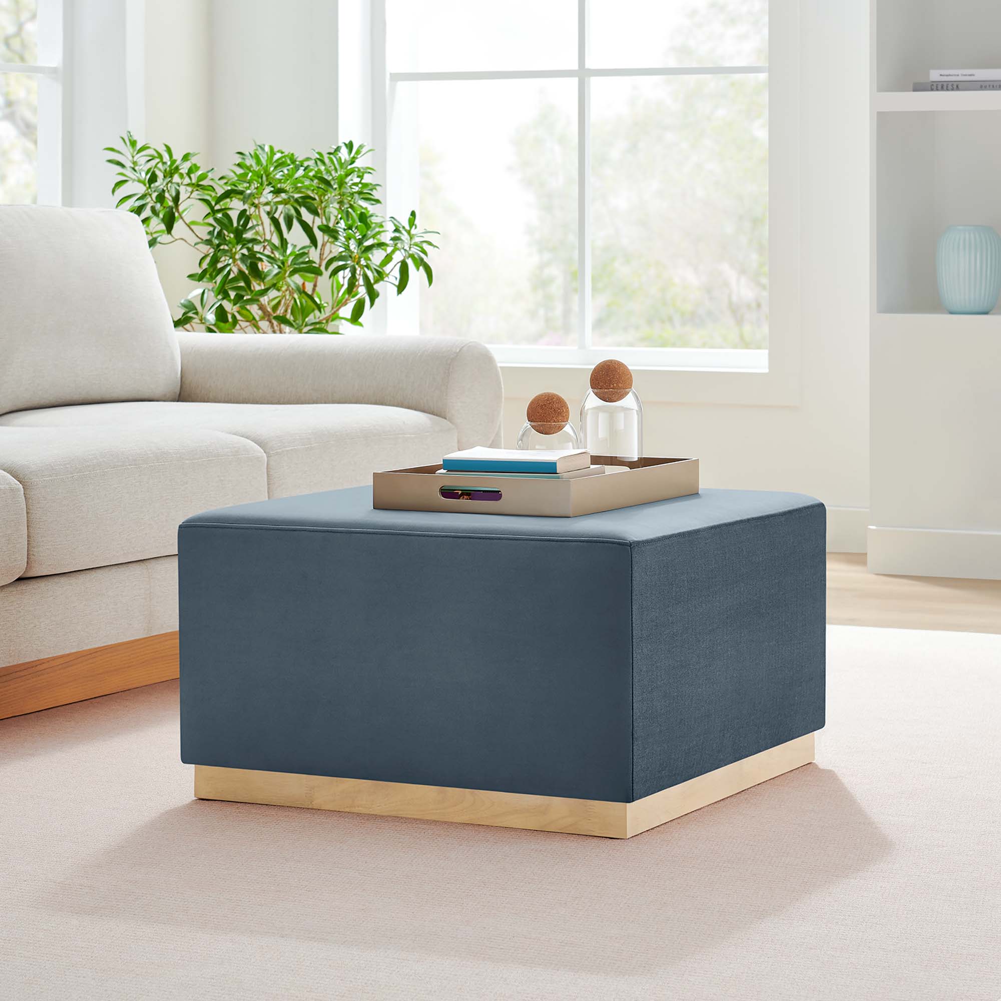 Tilden Large 28" Square Performance Velvet Upholstered Ottoman, Cadet Blue Natural