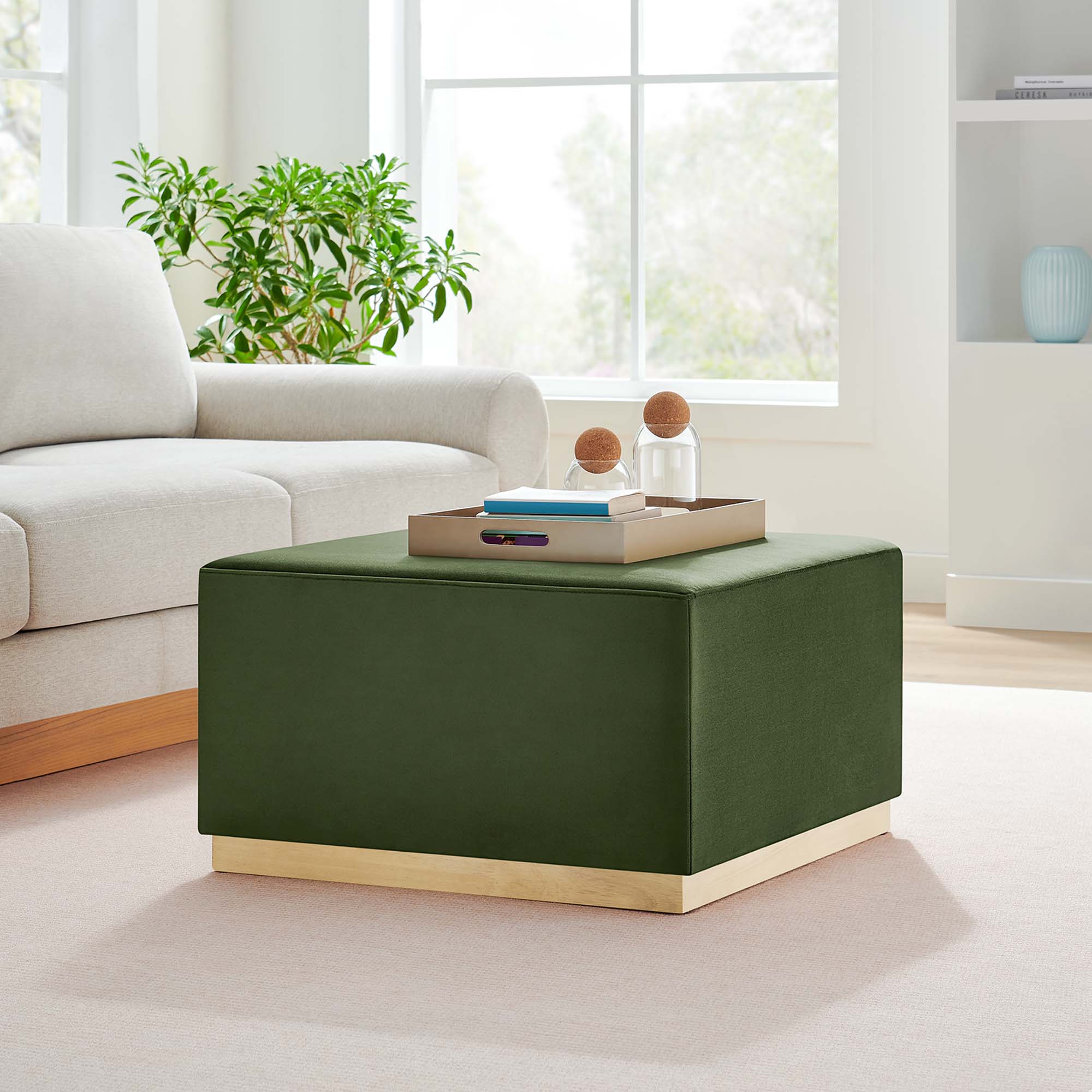 Tilden Large 28" Square Performance Velvet Upholstered Ottoman, Moss Green Natural