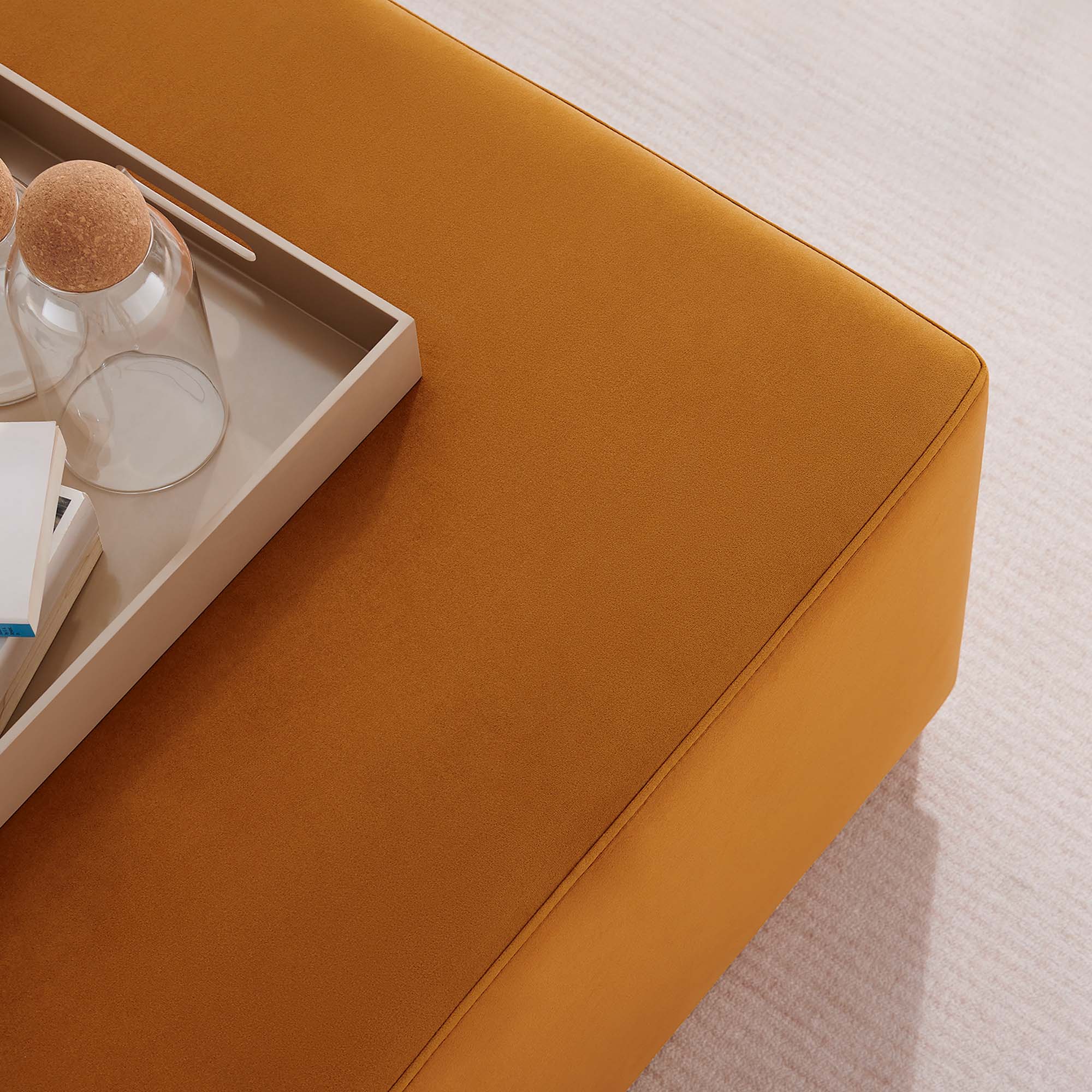 Tilden Large 28" Square Performance Velvet Upholstered Ottoman, Rust Natural