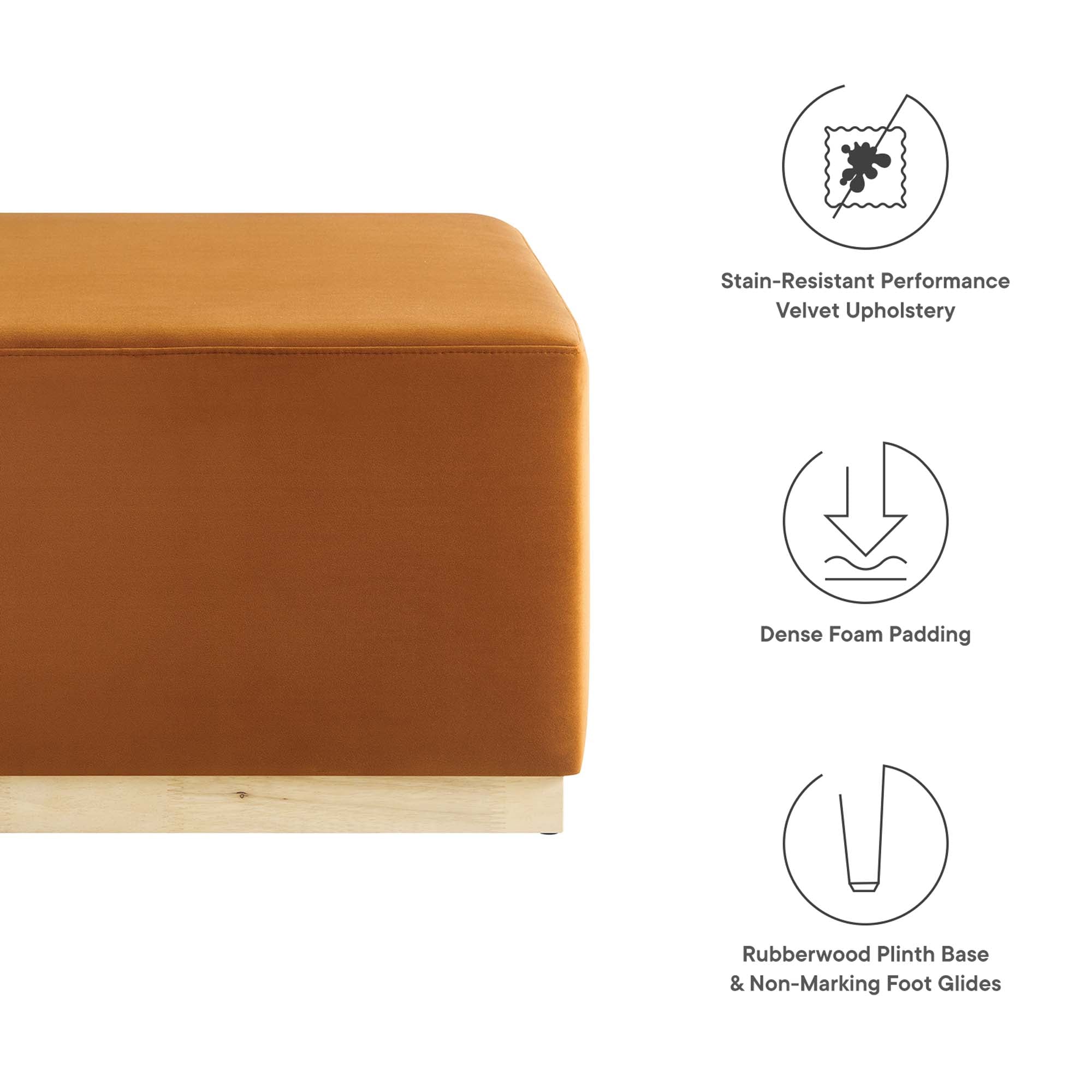 Tilden Large 28" Square Performance Velvet Upholstered Ottoman, Rust Natural