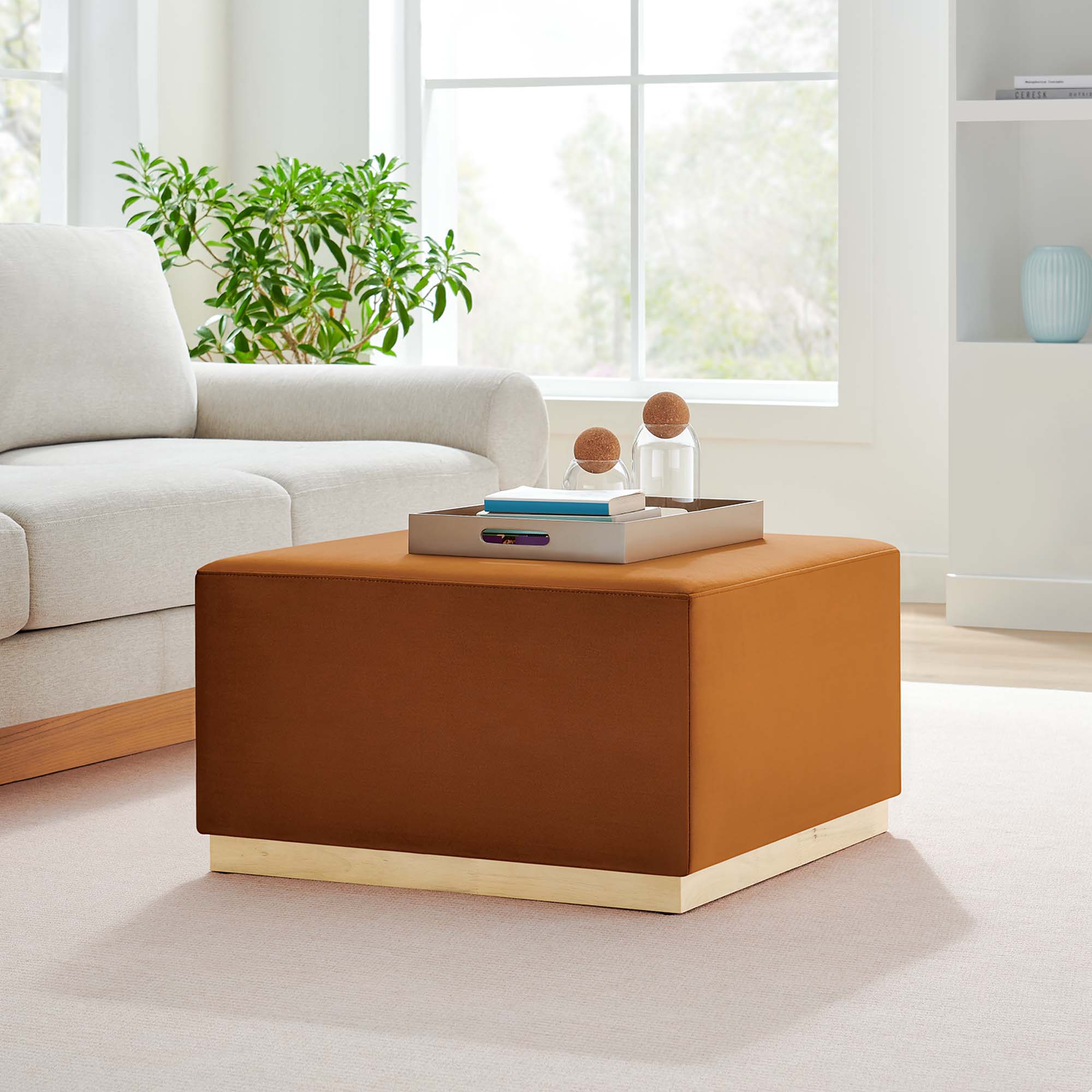 Tilden Large 28" Square Performance Velvet Upholstered Ottoman, Rust Natural