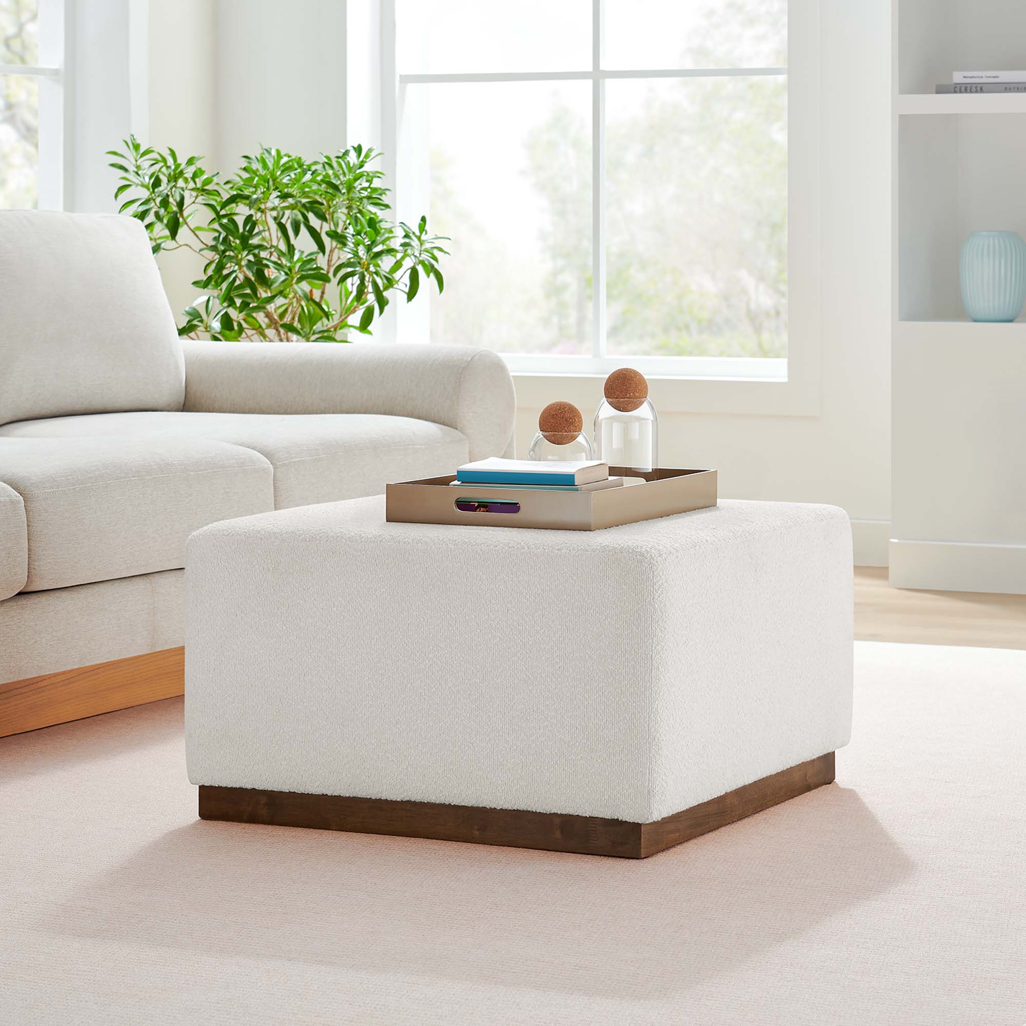 Tilden Large 28" Square Boucle Upholstered Ottoman, Cloud Walnut