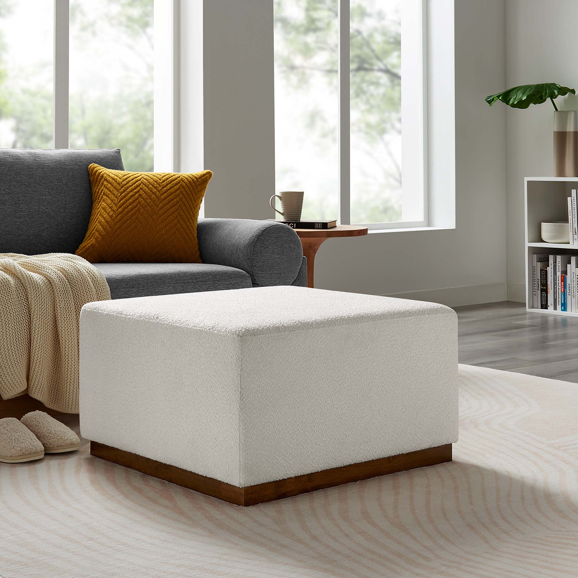 Tilden Large 28" Square Boucle Upholstered Ottoman, Cloud Walnut