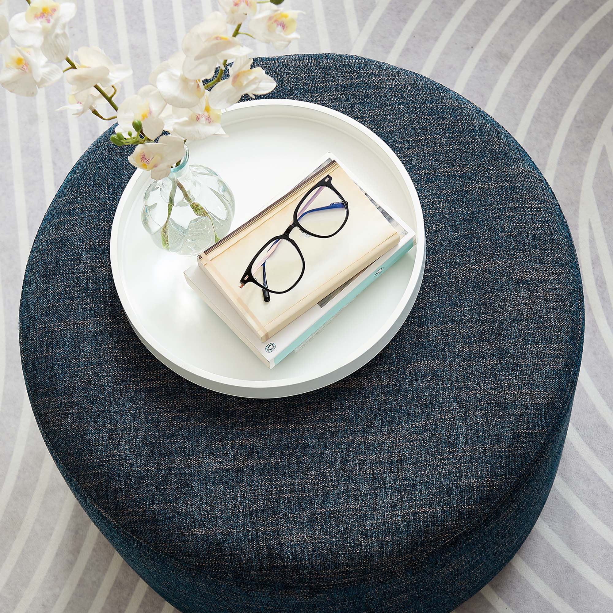 Callum Large 23" Round Woven Heathered Fabric Upholstered Ottoman, Heathered Weave Azure