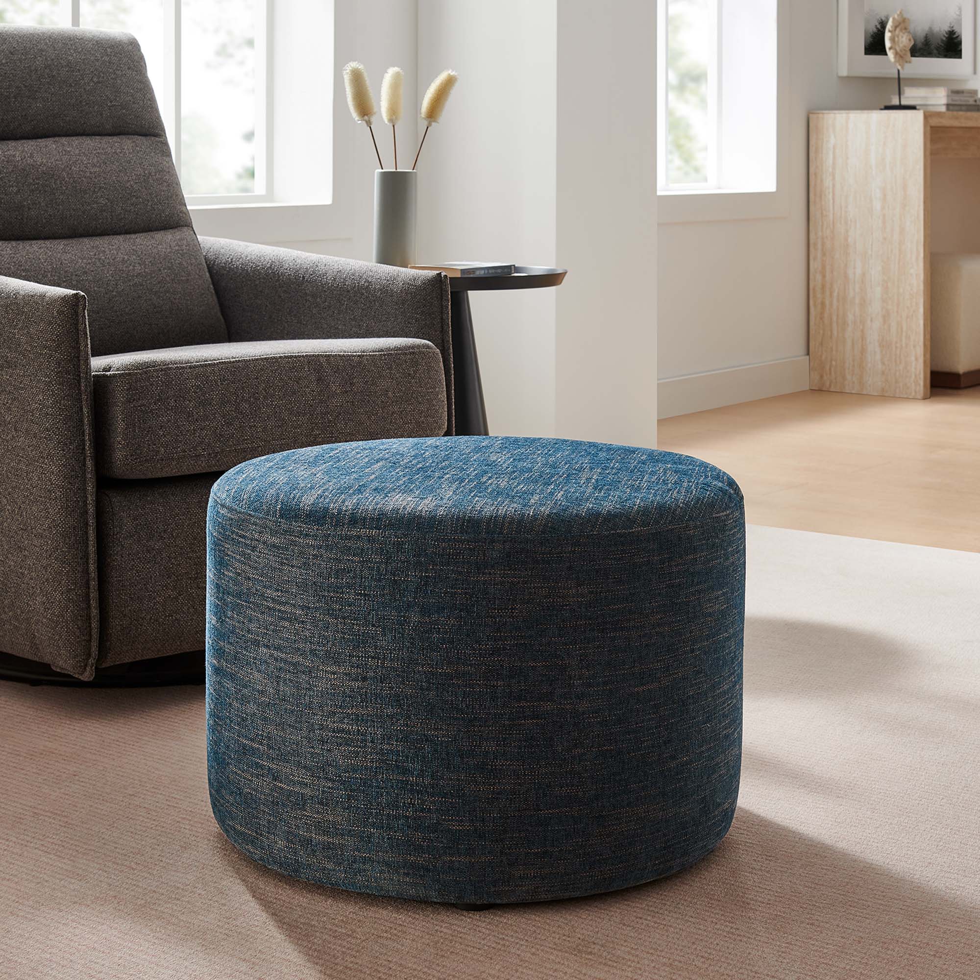 Callum Large 23" Round Woven Heathered Fabric Upholstered Ottoman, Heathered Weave Azure