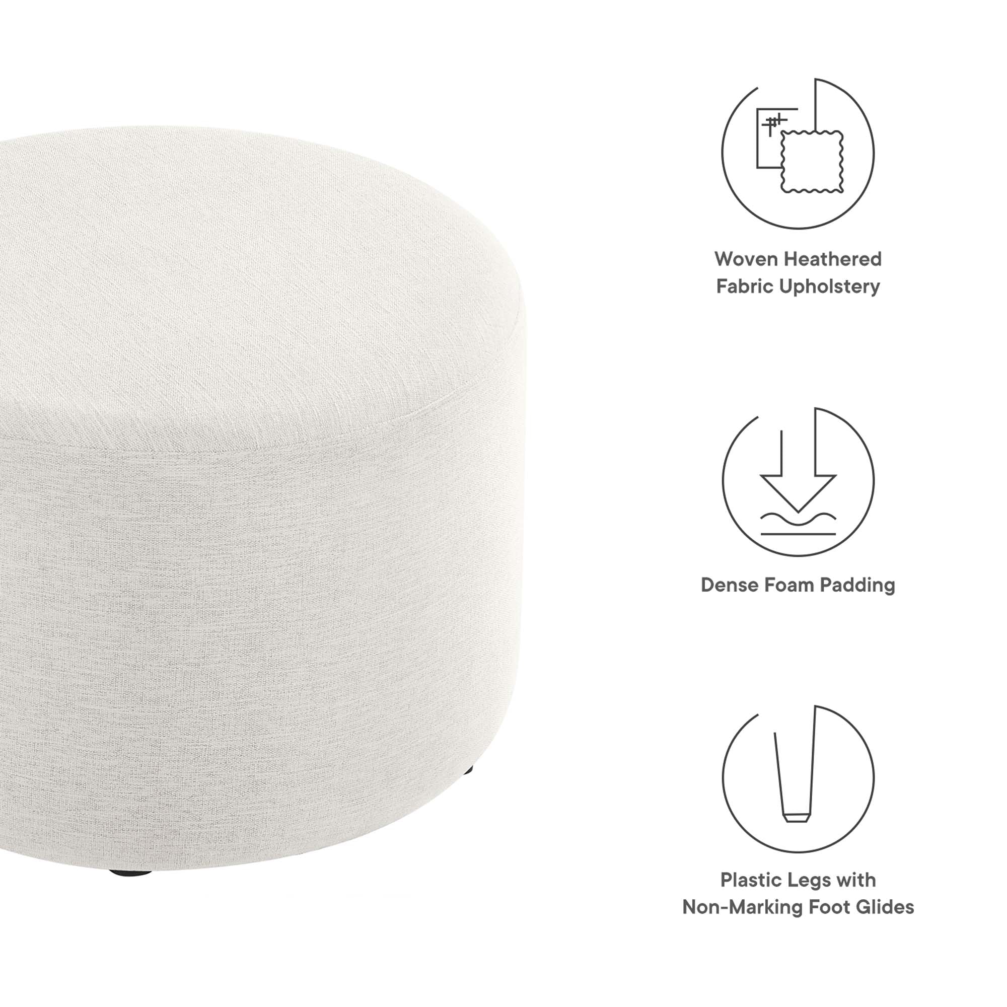 Callum Large 23" Round Woven Heathered Fabric Upholstered Ottoman, Heathered Weave Ivory