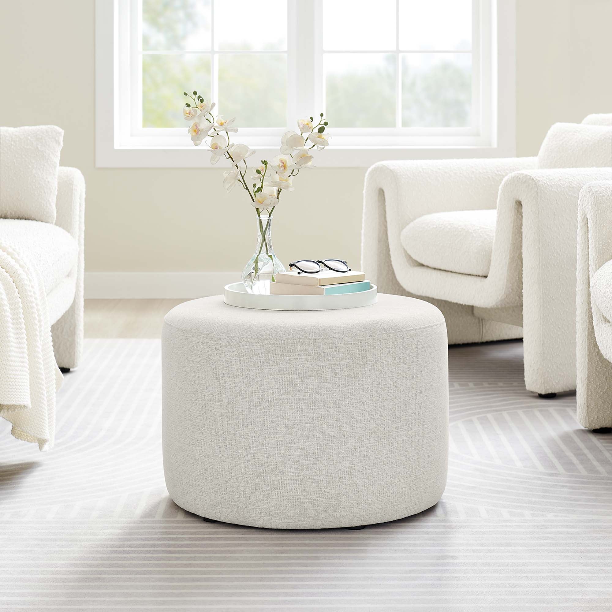 Callum Large 23" Round Woven Heathered Fabric Upholstered Ottoman, Heathered Weave Ivory