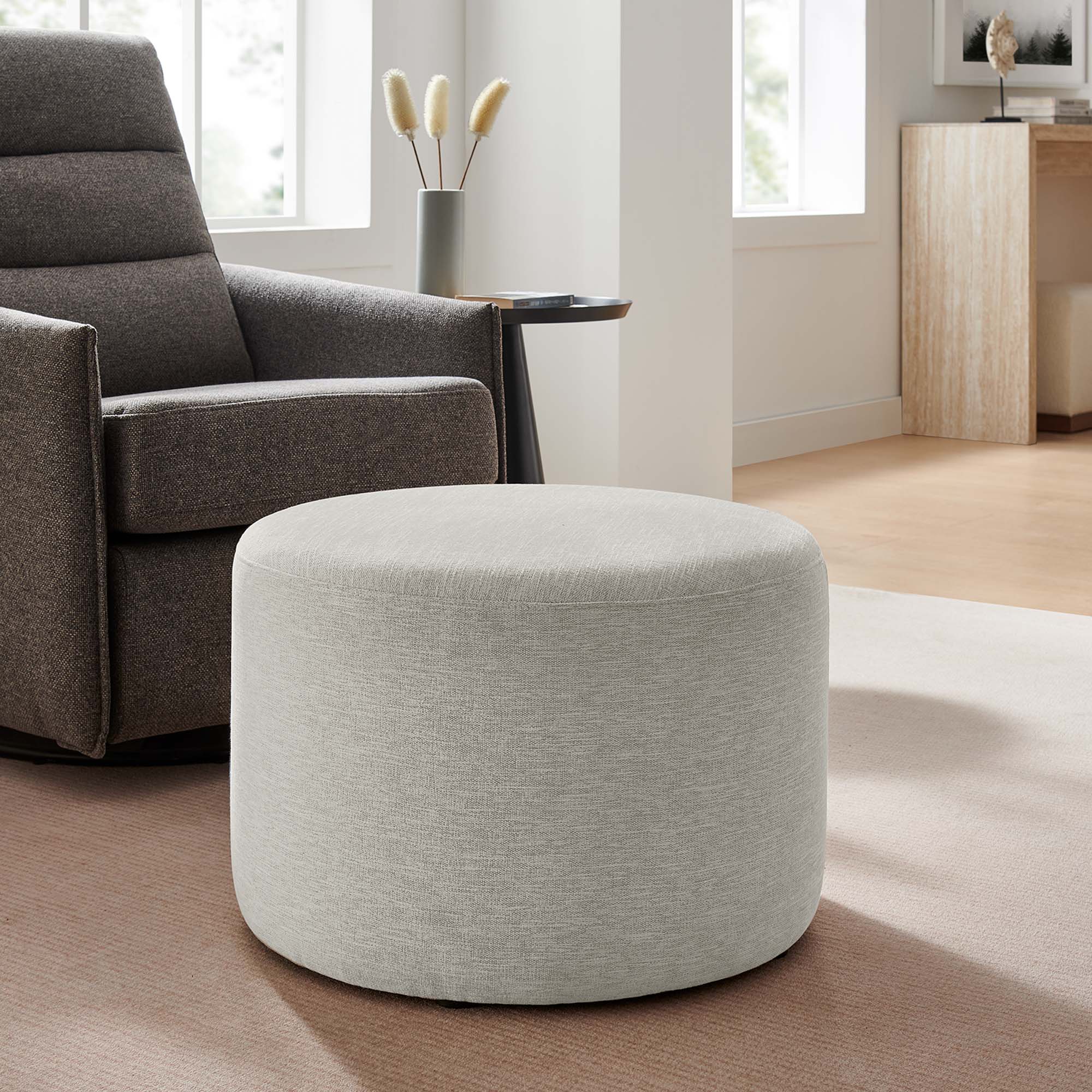 Callum Large 23" Round Woven Heathered Fabric Upholstered Ottoman, Heathered Weave Ivory