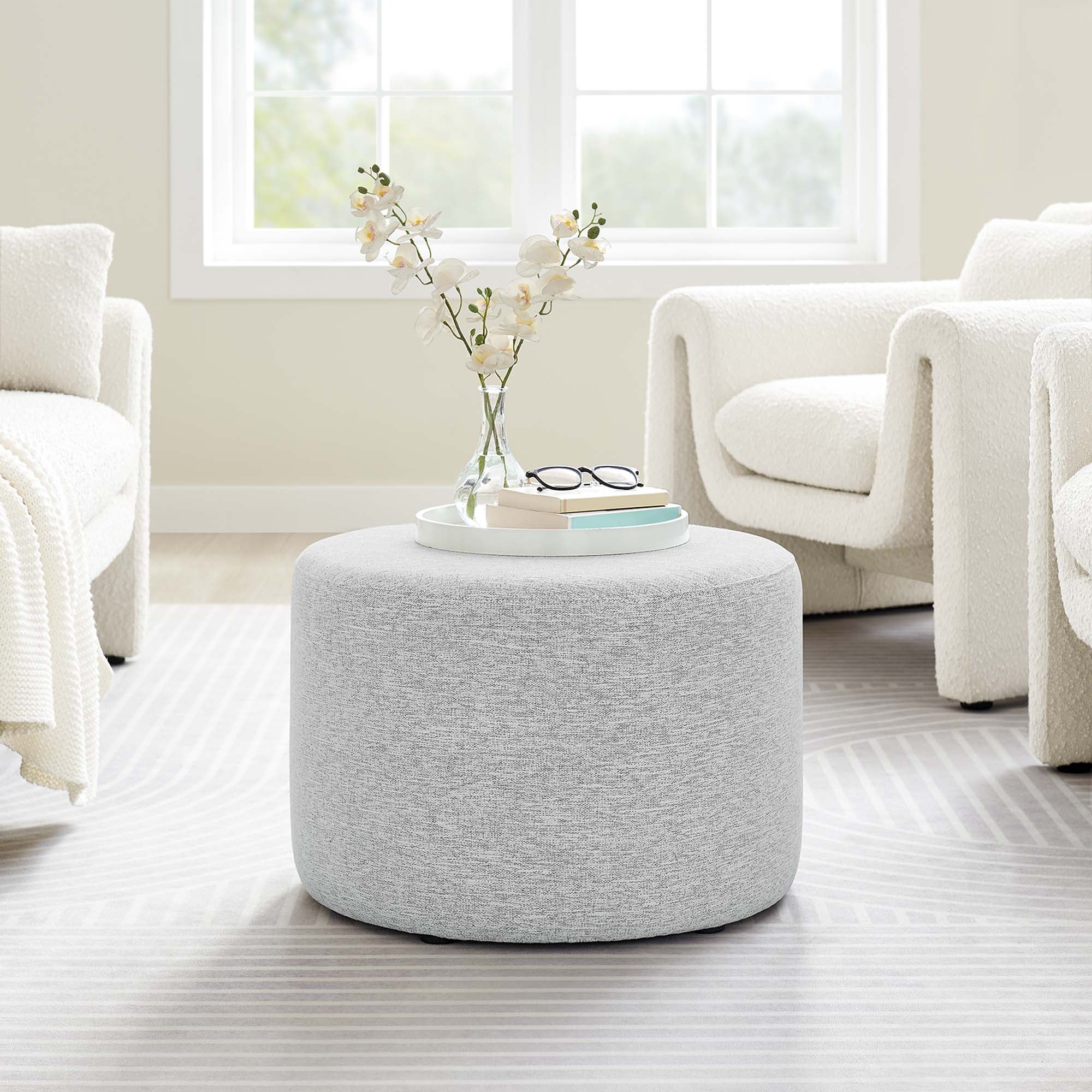 Callum Large 23" Round Woven Heathered Fabric Upholstered Ottoman, Heathered Weave Light Gray