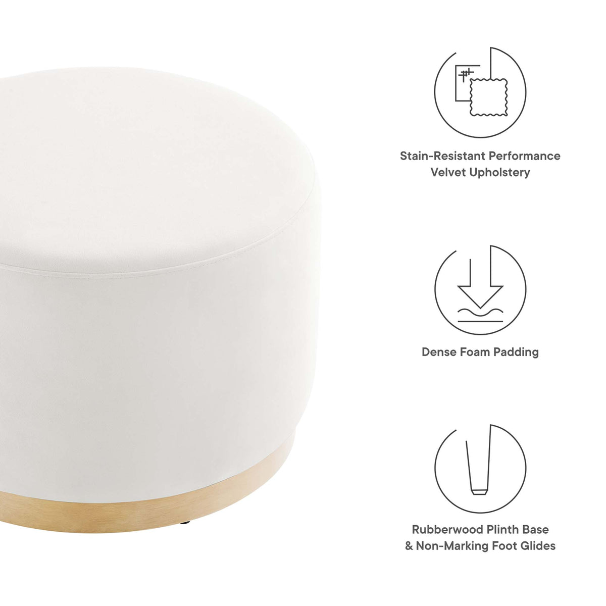 Tilden Large 23" Round Performance Velvet Upholstered Ottoman, Alabaster Natural