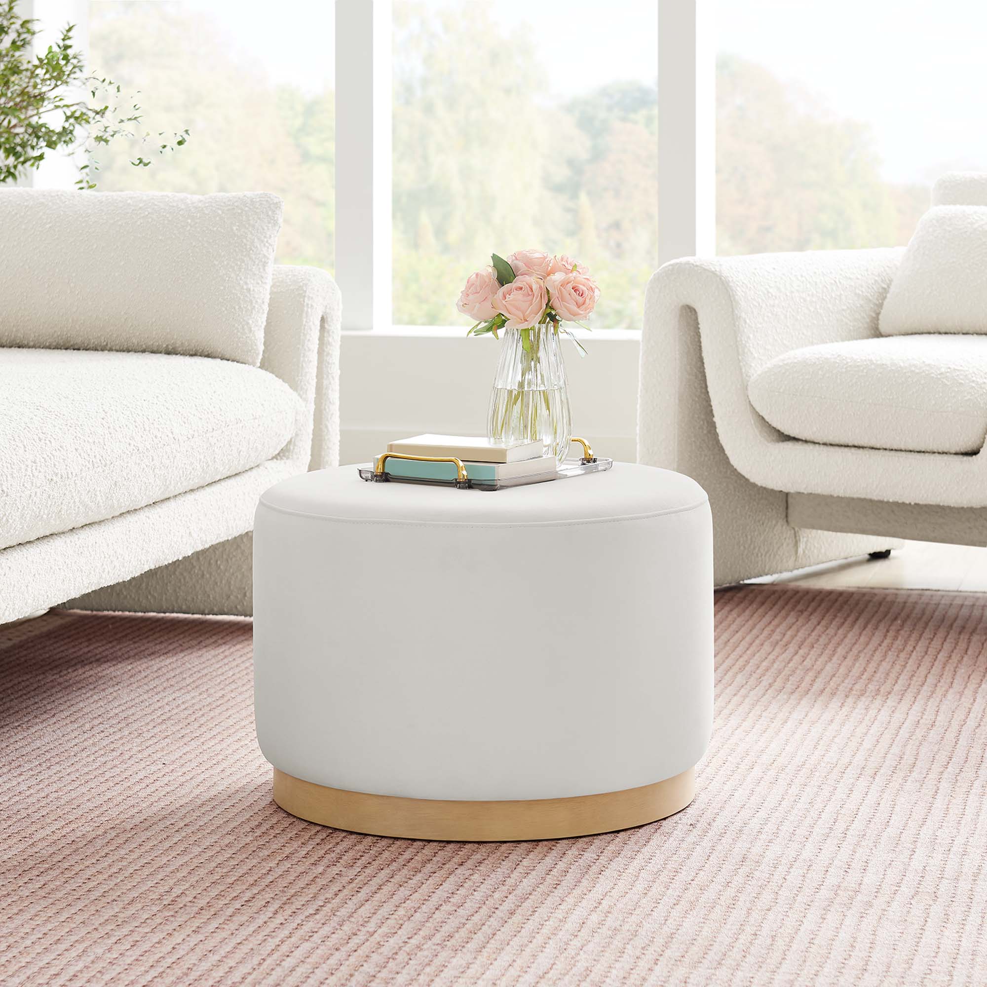 Tilden Large 23" Round Performance Velvet Upholstered Ottoman, Alabaster Natural