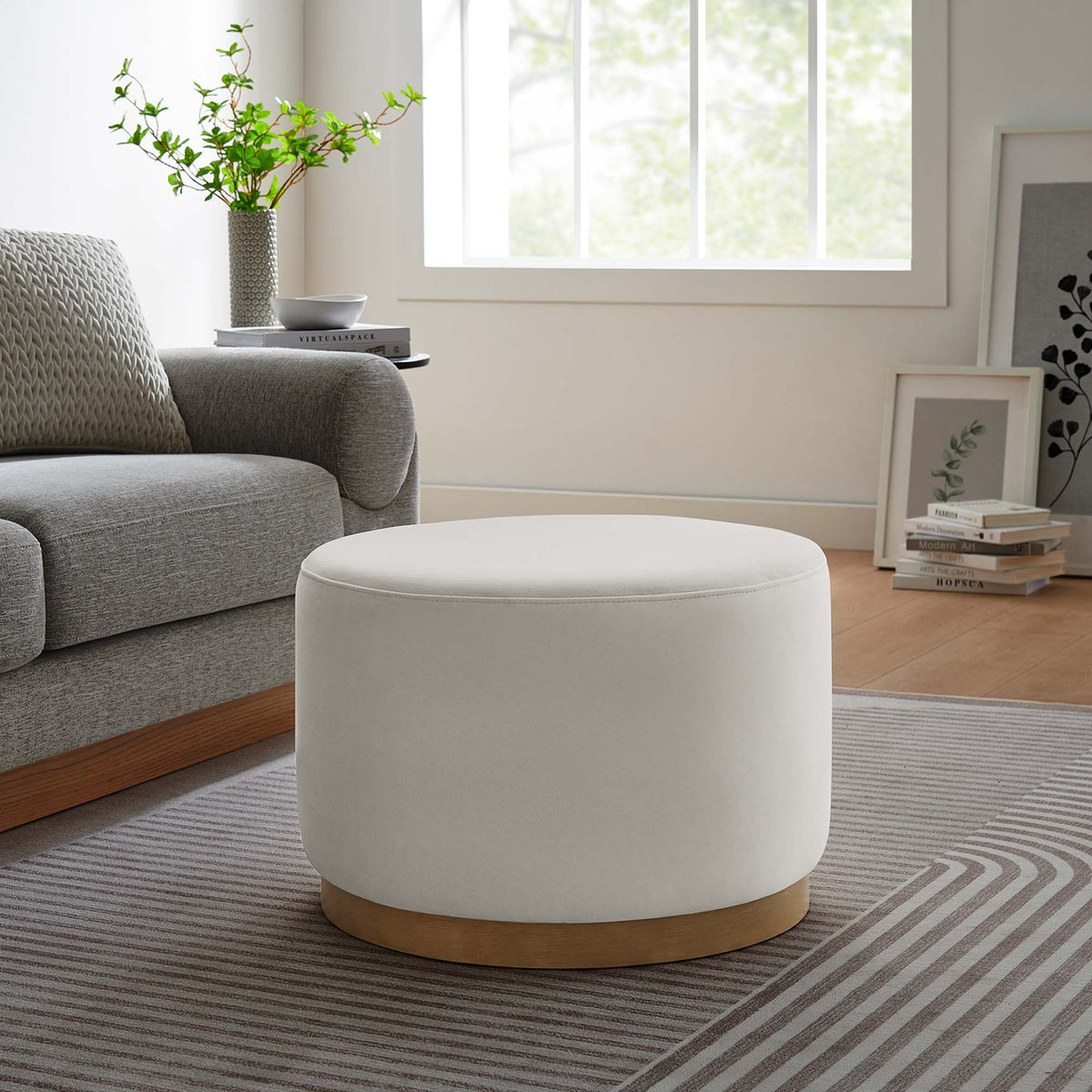Tilden Large 23" Round Performance Velvet Upholstered Ottoman, Alabaster Natural