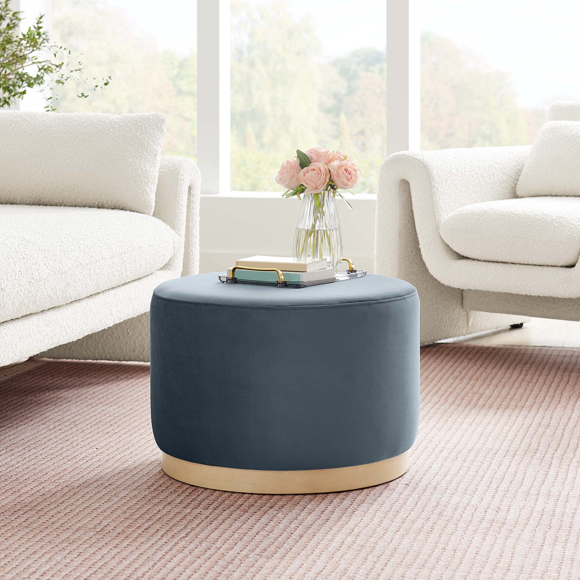 Tilden Large 23" Round Performance Velvet Upholstered Ottoman, Cadet Blue Natural