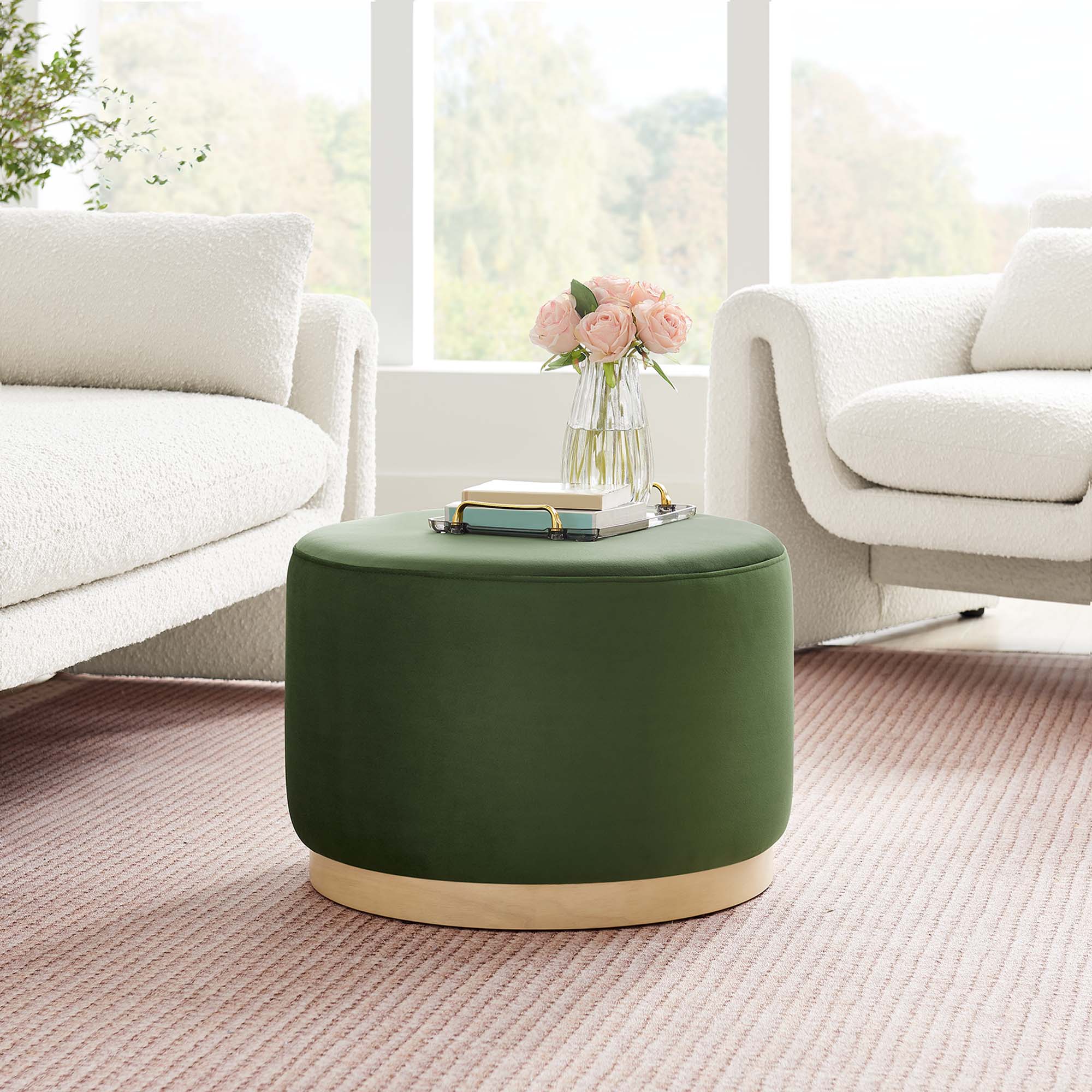 Tilden Large 23" Round Performance Velvet Upholstered Ottoman, Moss Green Natural