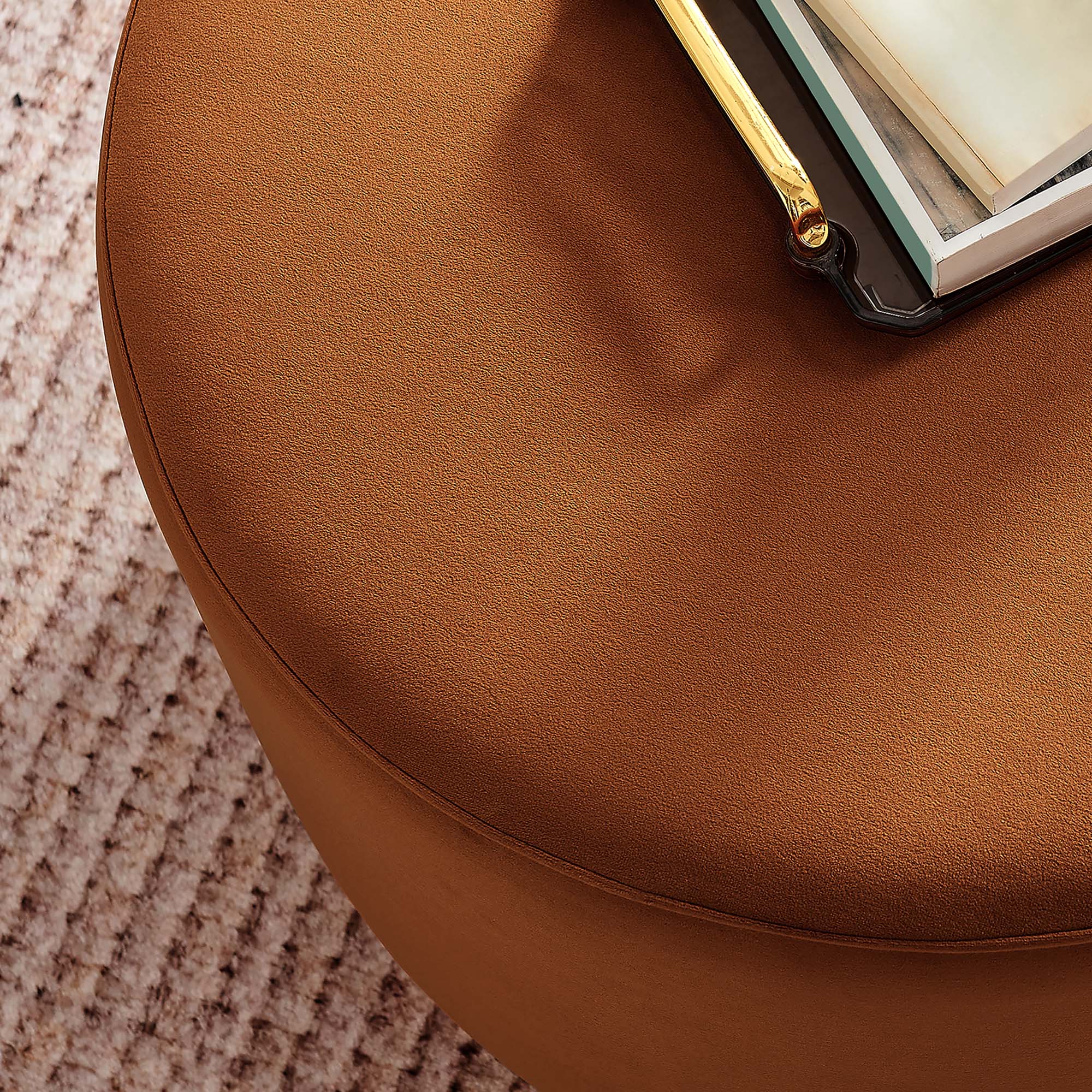 Tilden Large 23" Round Performance Velvet Upholstered Ottoman, Rust Natural