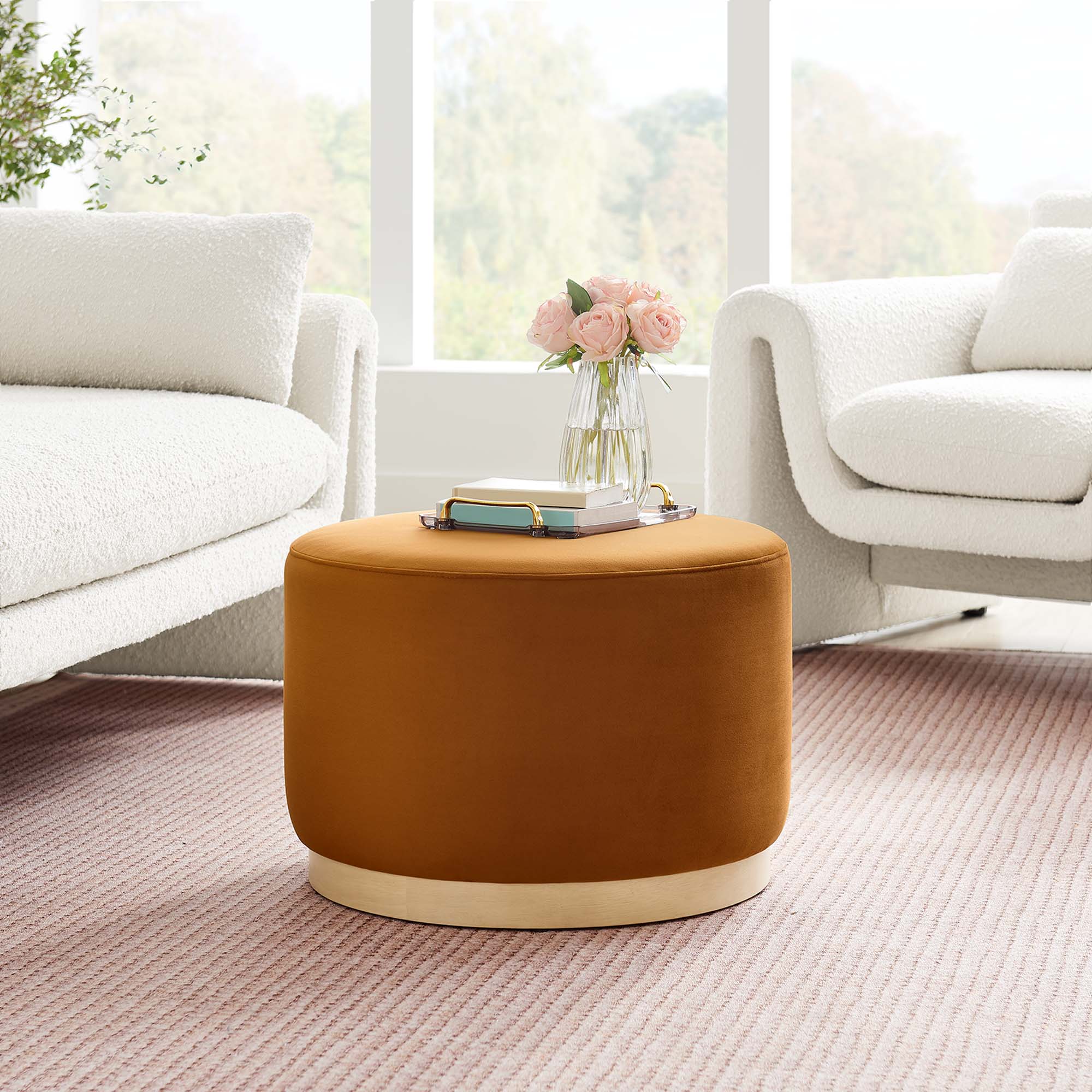 Tilden Large 23" Round Performance Velvet Upholstered Ottoman, Rust Natural