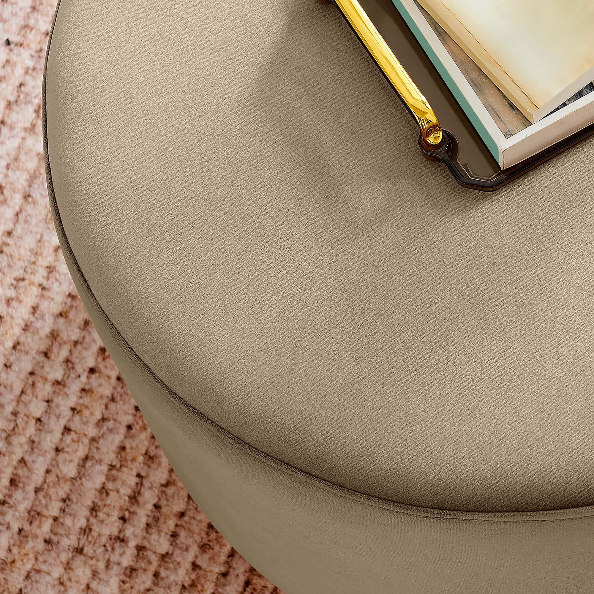 Tilden Large 23" Round Performance Velvet Upholstered Ottoman, Taupe Natural